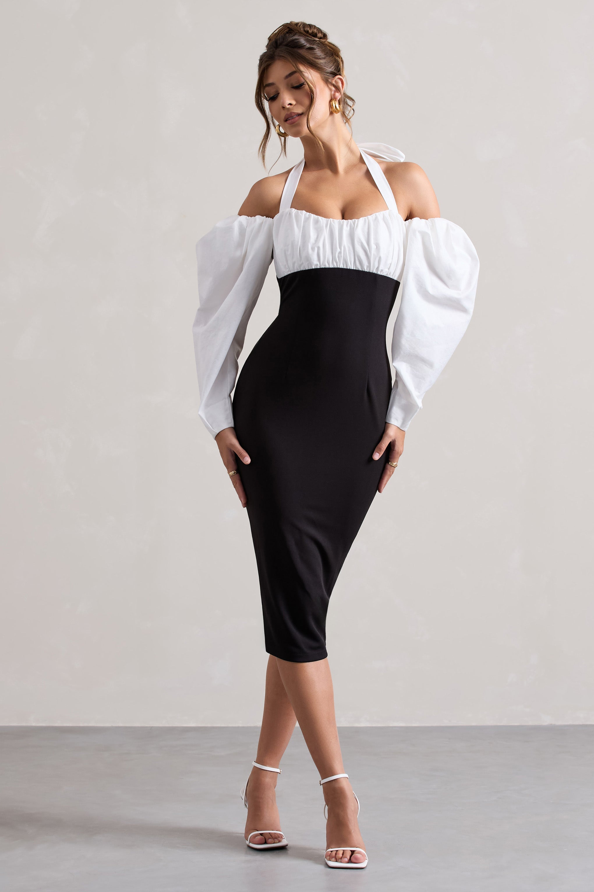 Couture Client | Siyah Halter Yaka Puf Kollu Midi Elbise