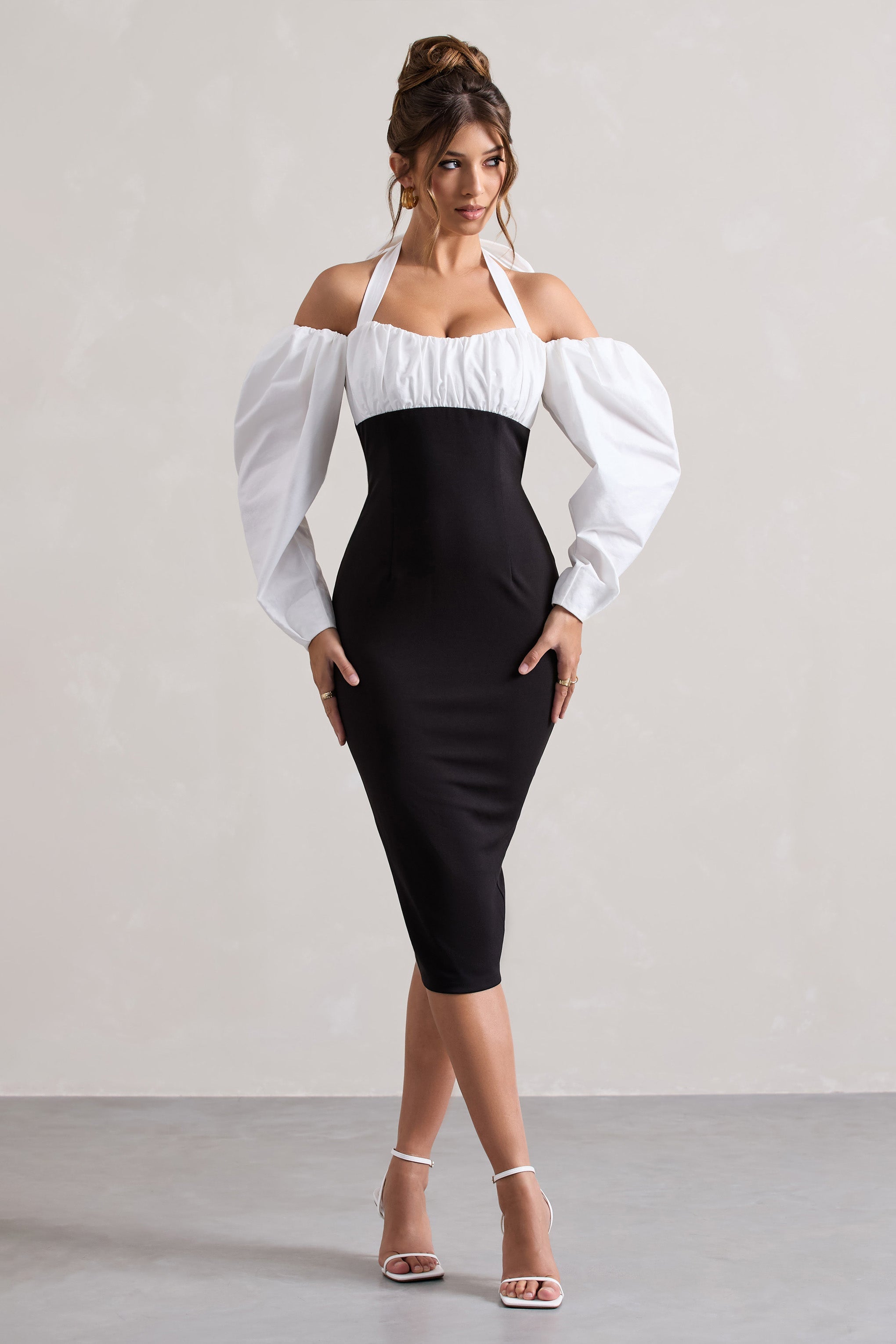 Couture Client | Siyah Halter Yaka Puf Kollu Midi Elbise