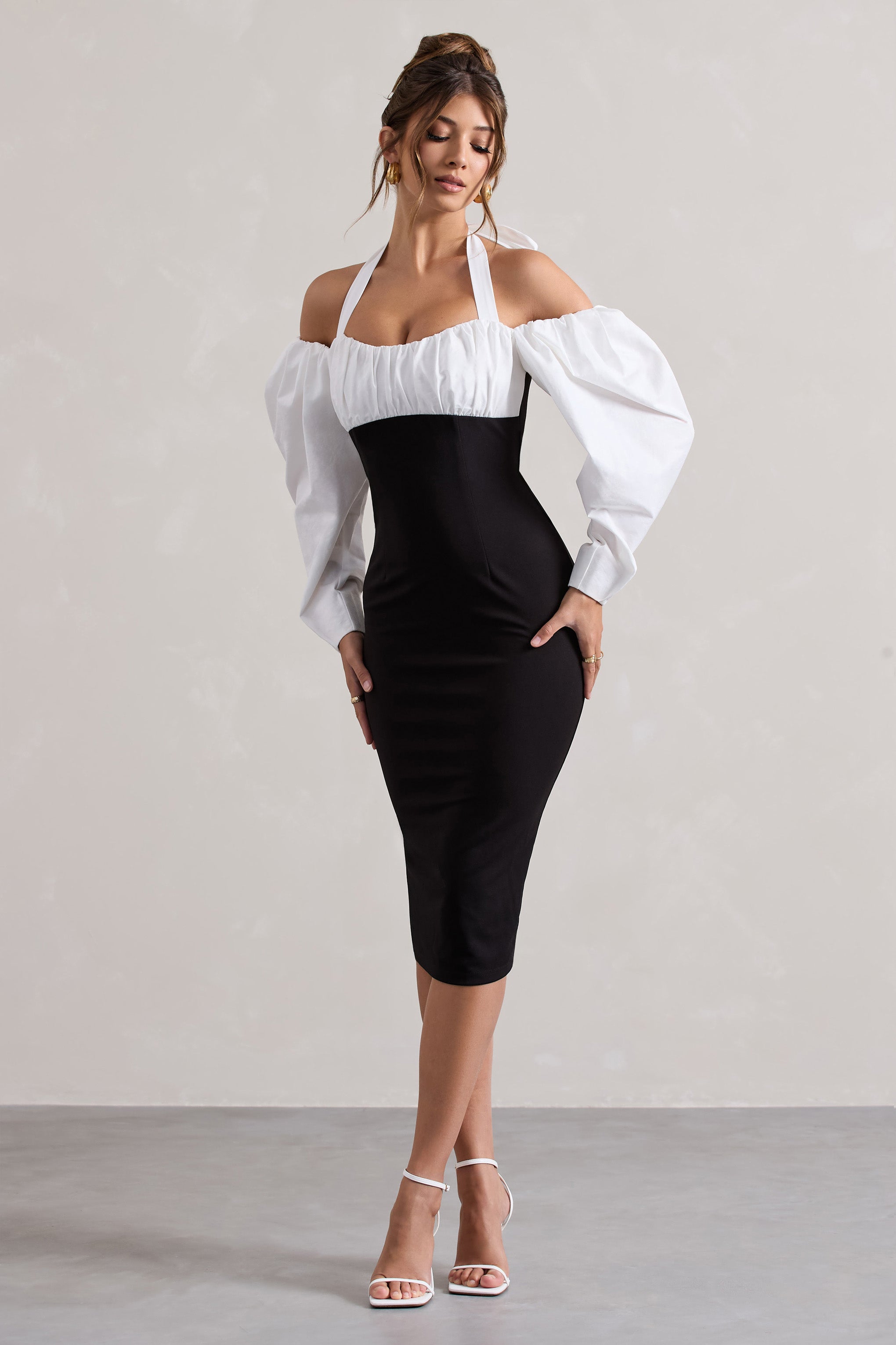 Couture Client | Siyah Halter Yaka Puf Kollu Midi Elbise