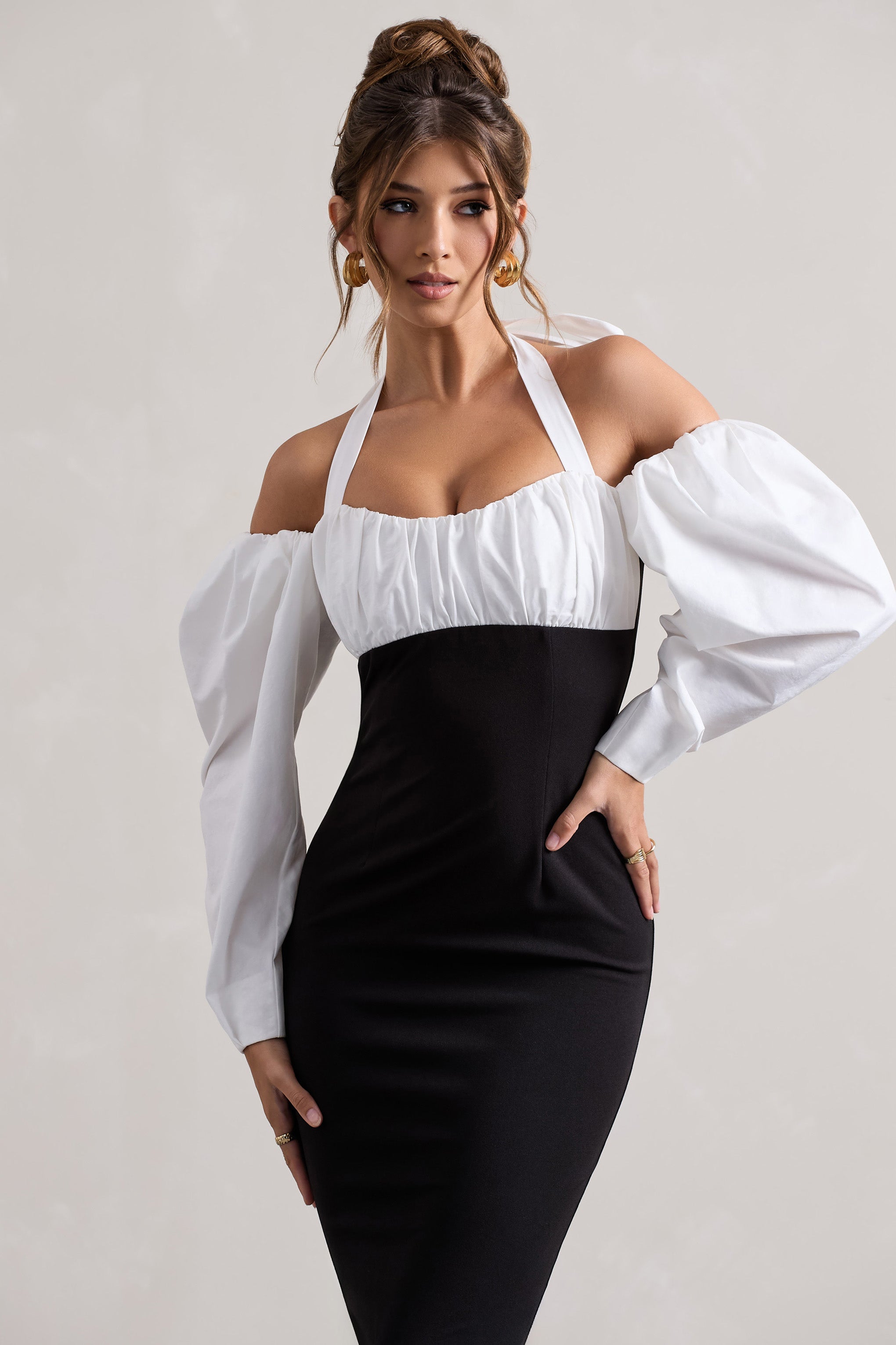 Couture Client | Siyah Halter Yaka Puf Kollu Midi Elbise