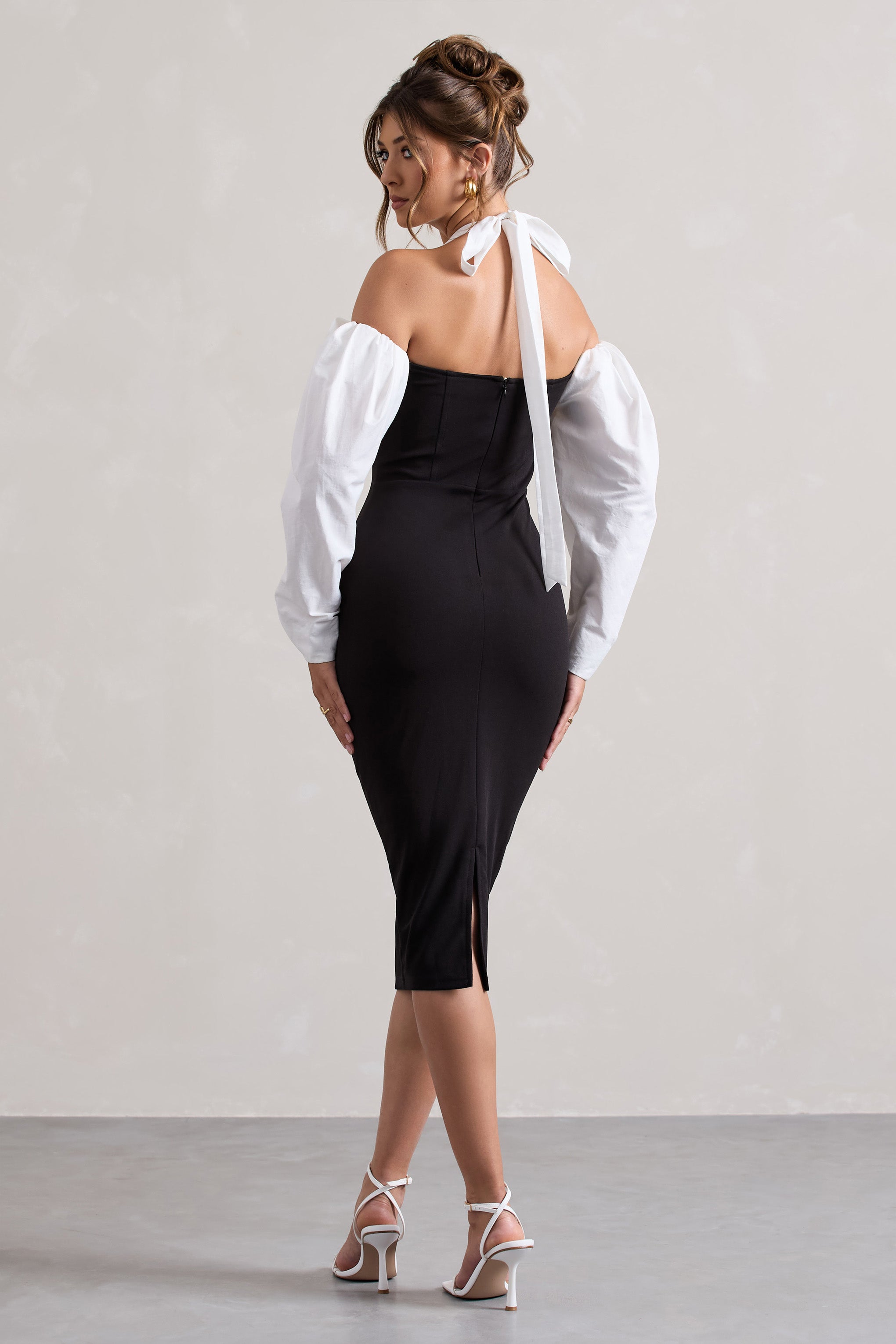 Couture Client | Siyah Halter Yaka Puf Kollu Midi Elbise