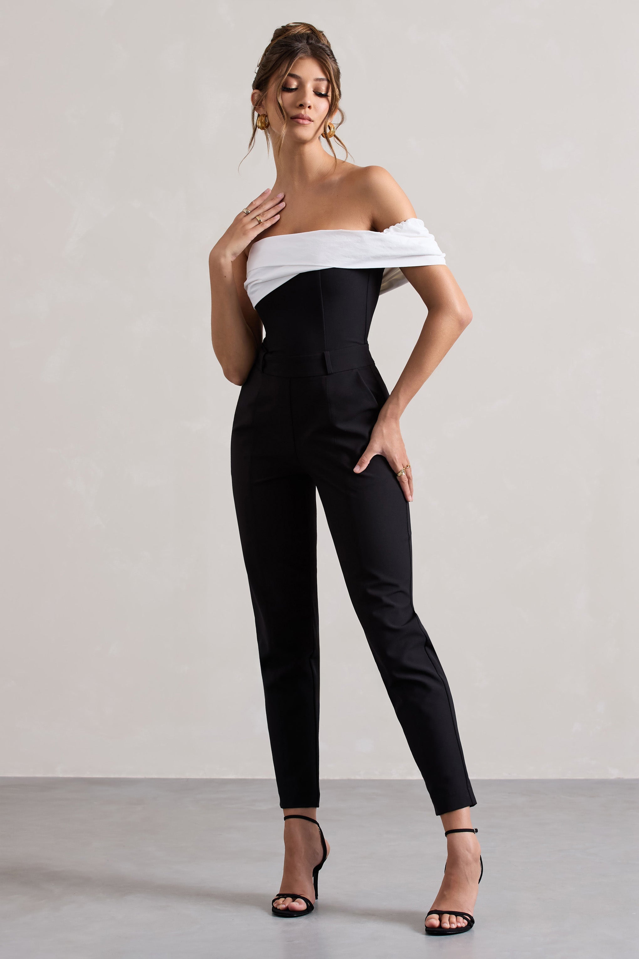 Paxton | Siyah Kıvrımlı Bardot Kesim Jumpsuit