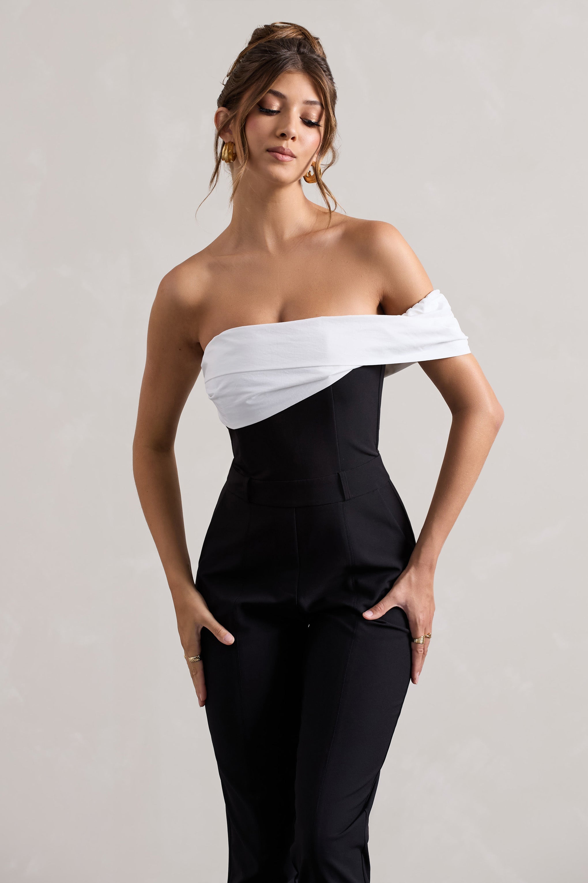 Paxton | Siyah Kıvrımlı Bardot Kesim Jumpsuit
