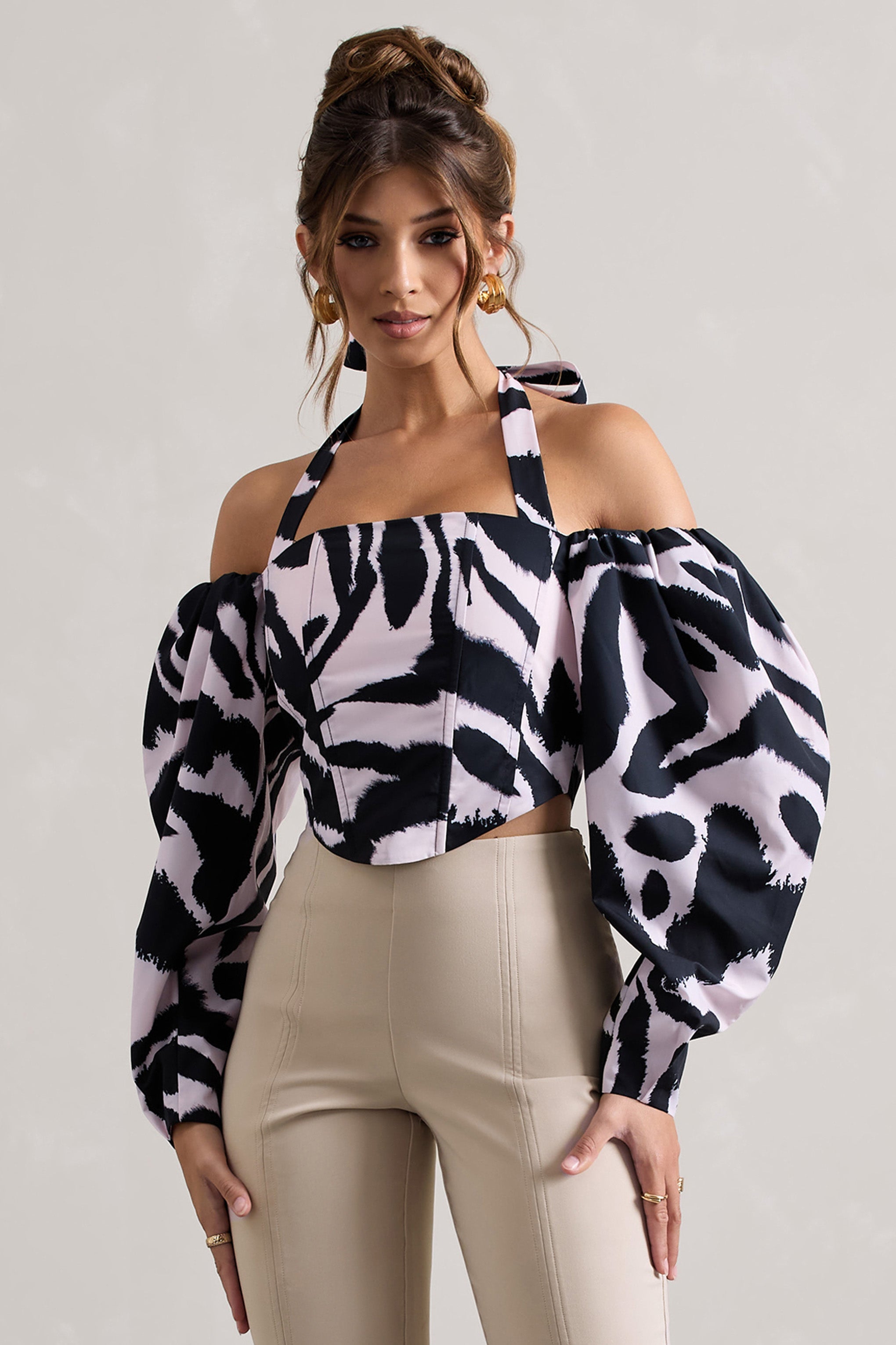 Theatric | Zebra Desenli Halter Yaka Korse Üstü, Puff Kollarla
