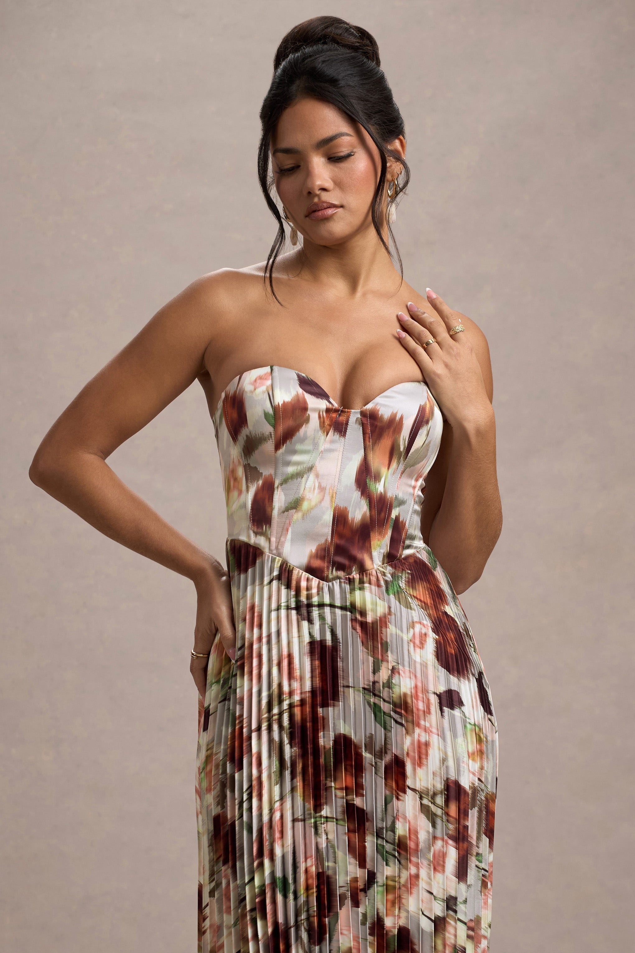 Bordeaux | Krem Çiçekli Baskılı Saten Korse Stil Midi Elbise