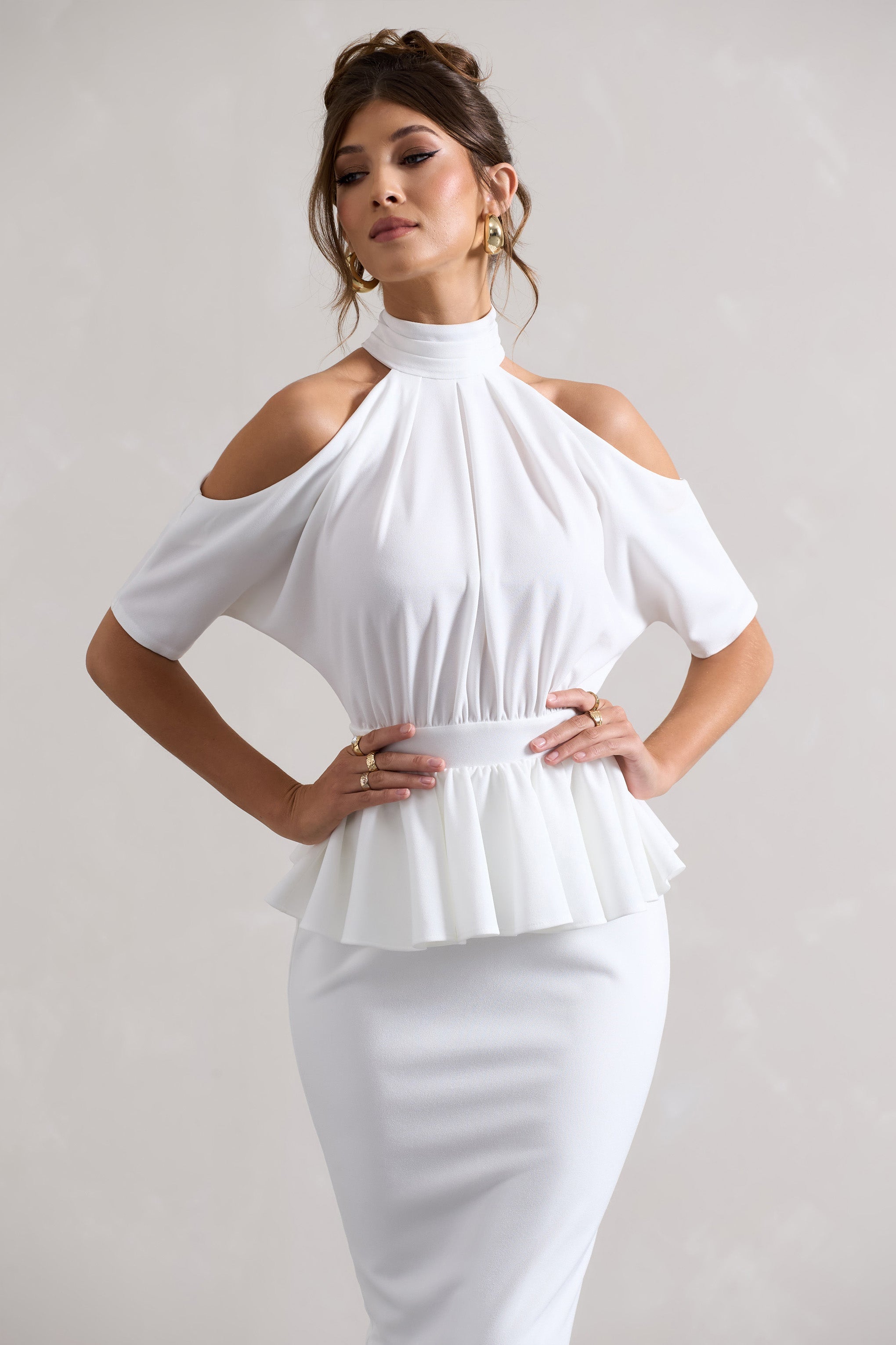Yves | Peplum Bel Detaylı Beyaz Yüksek Yaka Kesik Midi Elbise