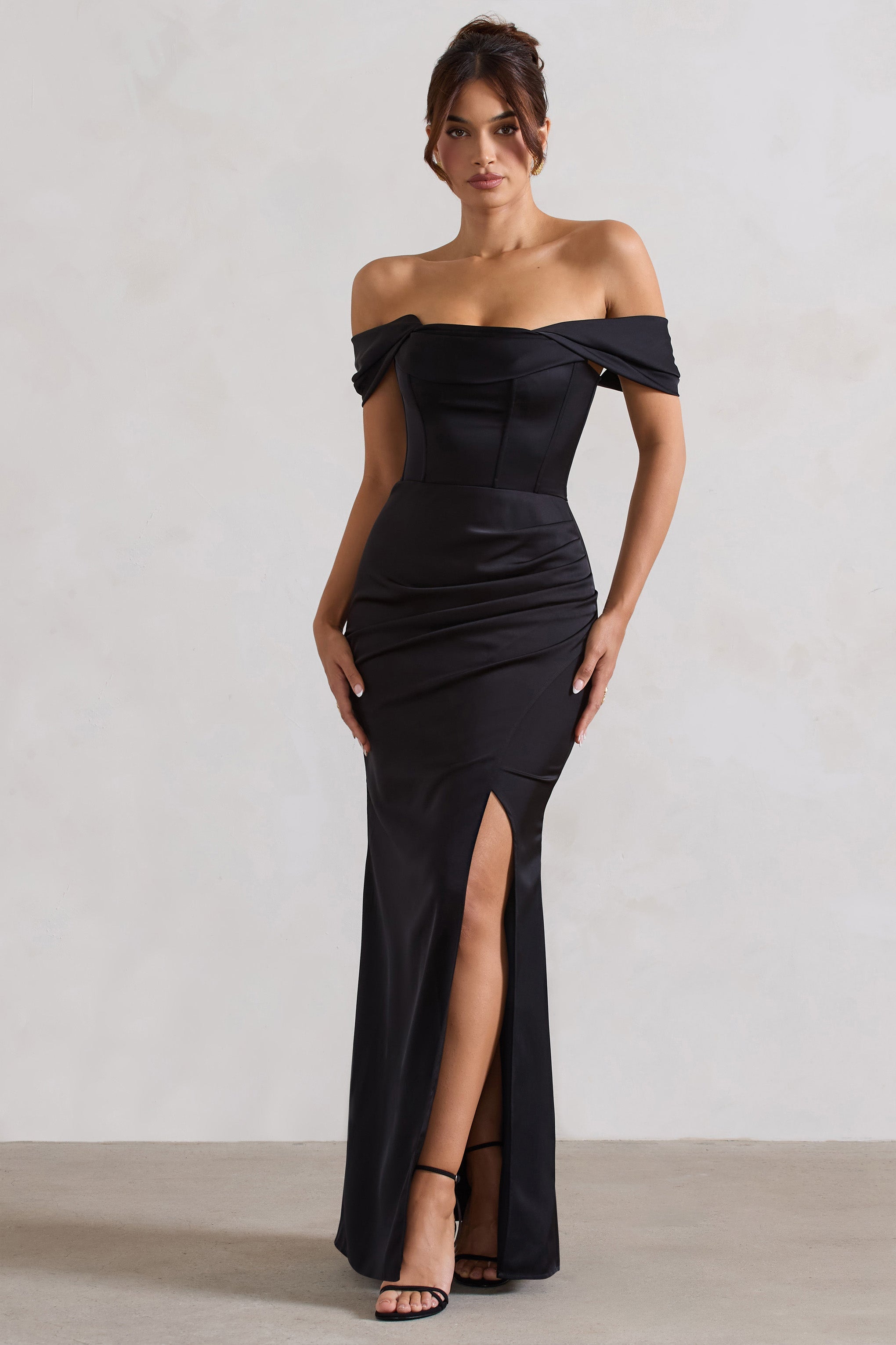 Kimberly | Siyah Bardot Saten Maxi Elbise