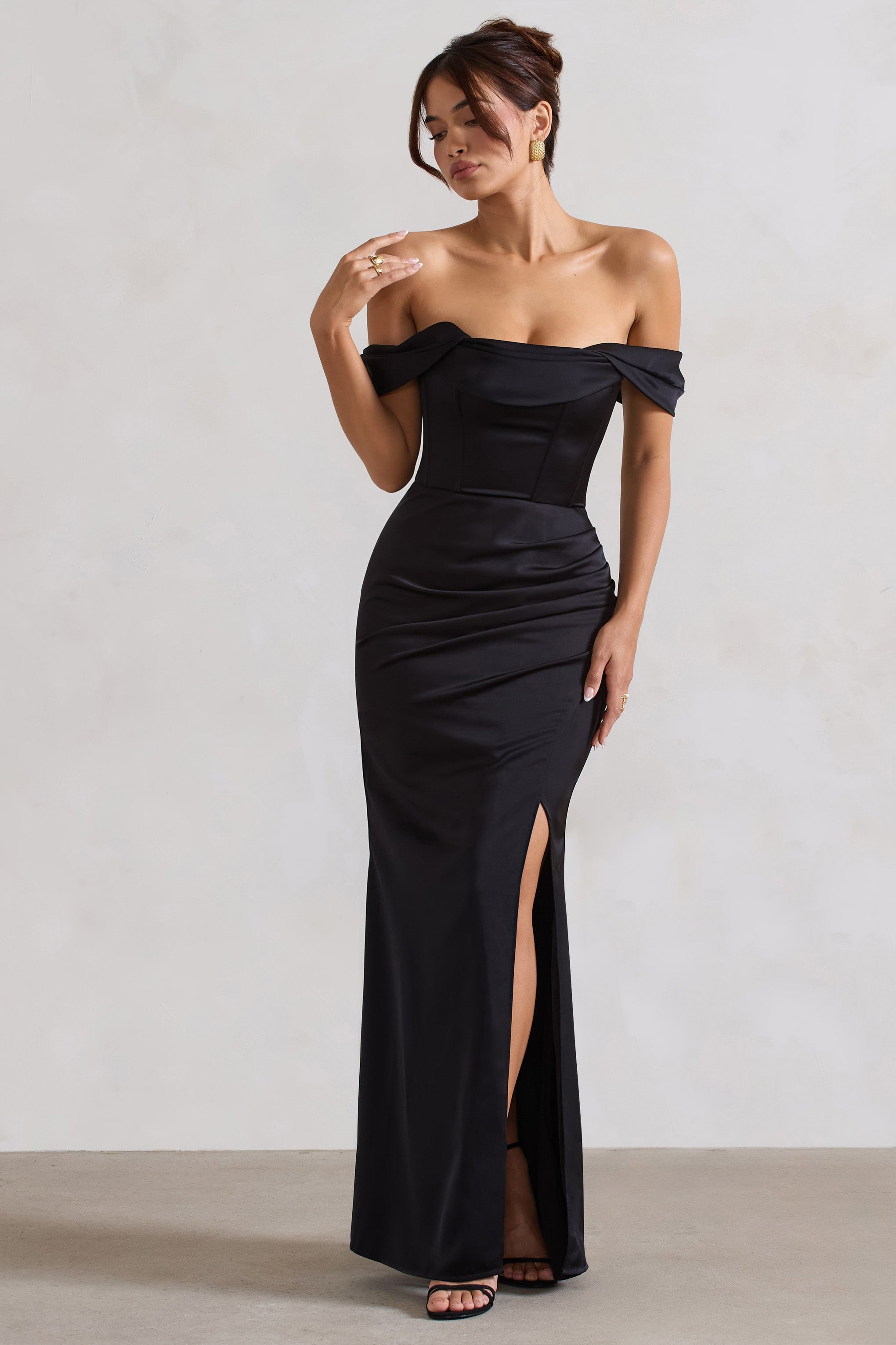 Kimberly | Siyah Bardot Saten Maxi Elbise