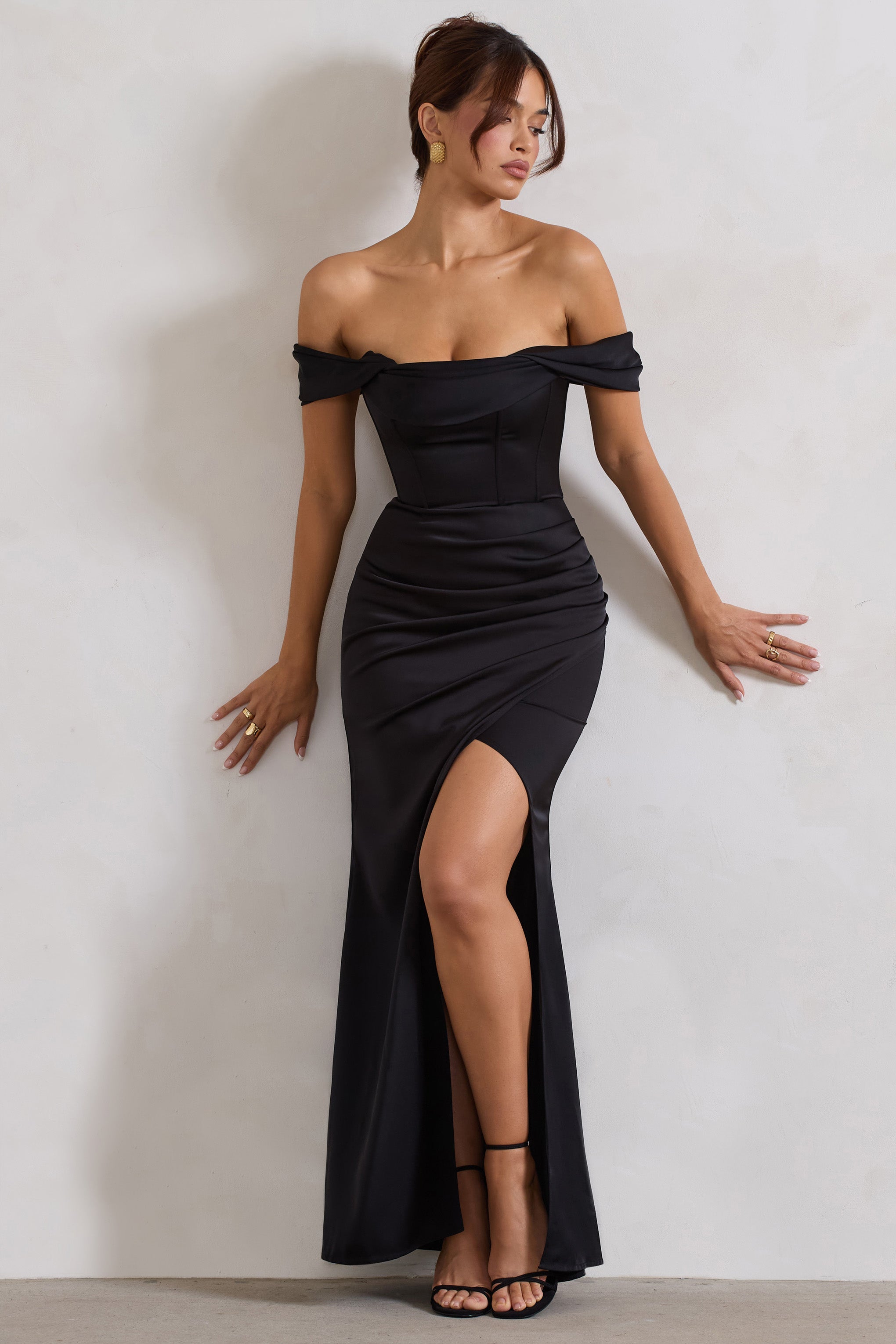 Kimberly | Siyah Bardot Saten Maxi Elbise