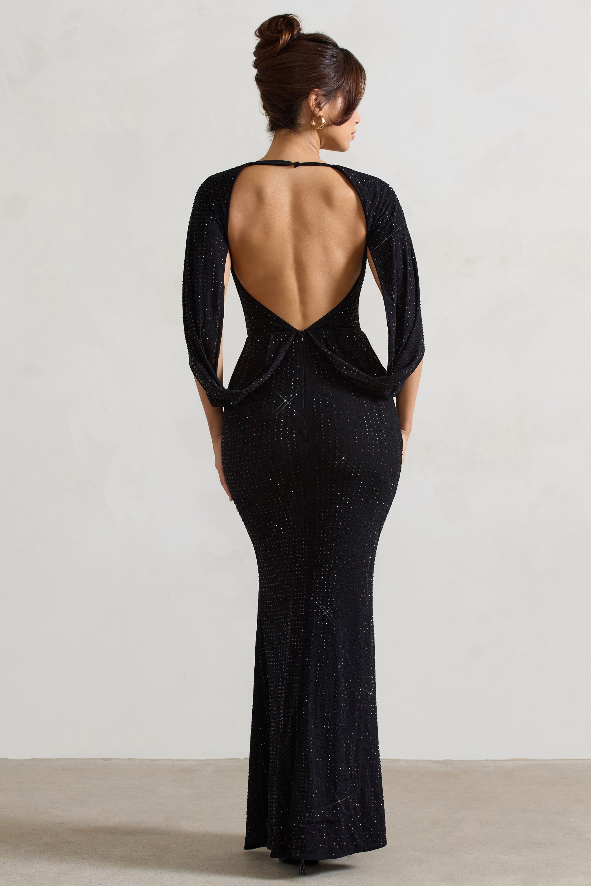 Broadway | Siyah Taş İşlemeli Fishtail Maxi Elbise Pelerin Kolları ile