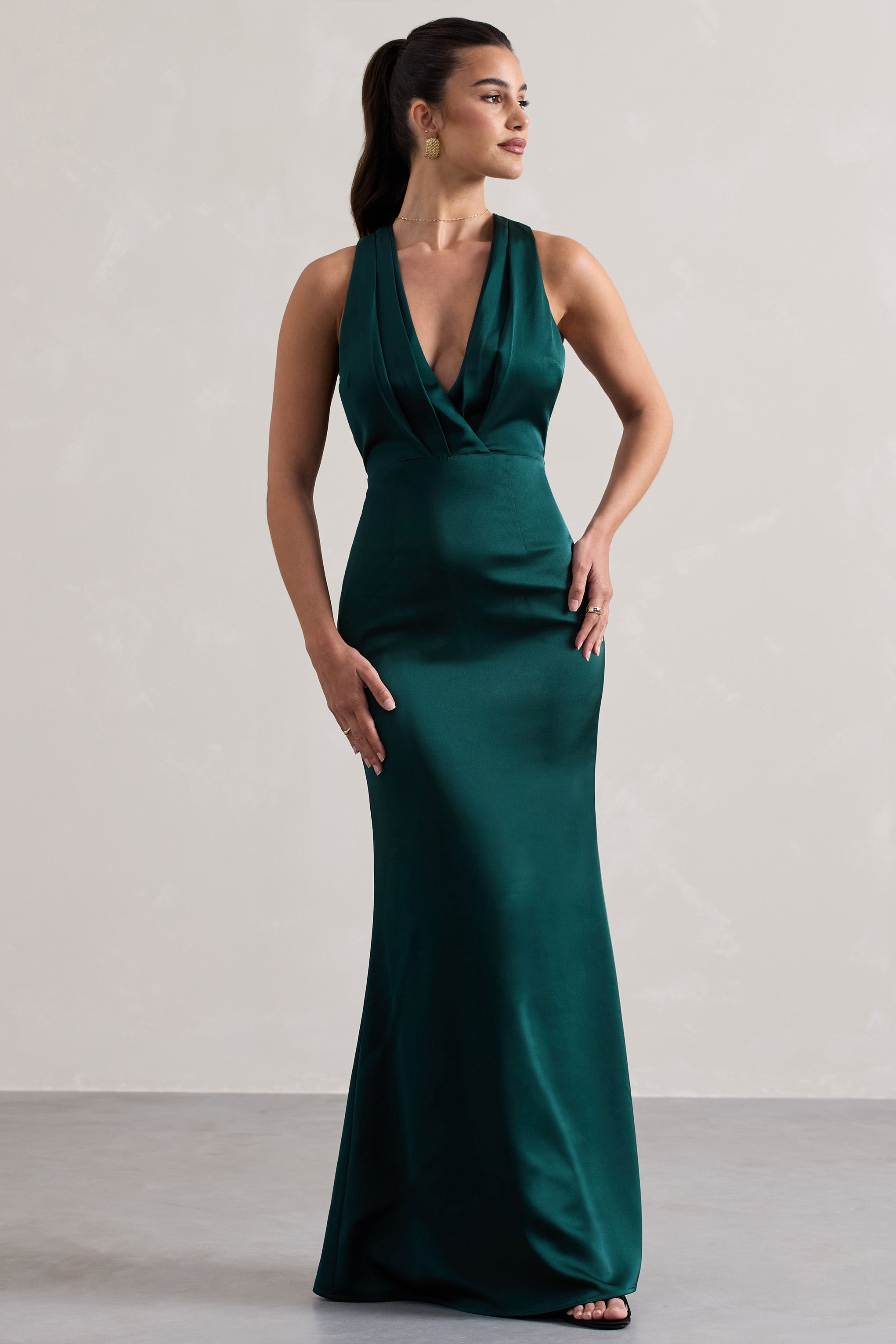 Tiffany | Şişe Yeşili Saten Derin Yırtmaçlı Maxi Elbise