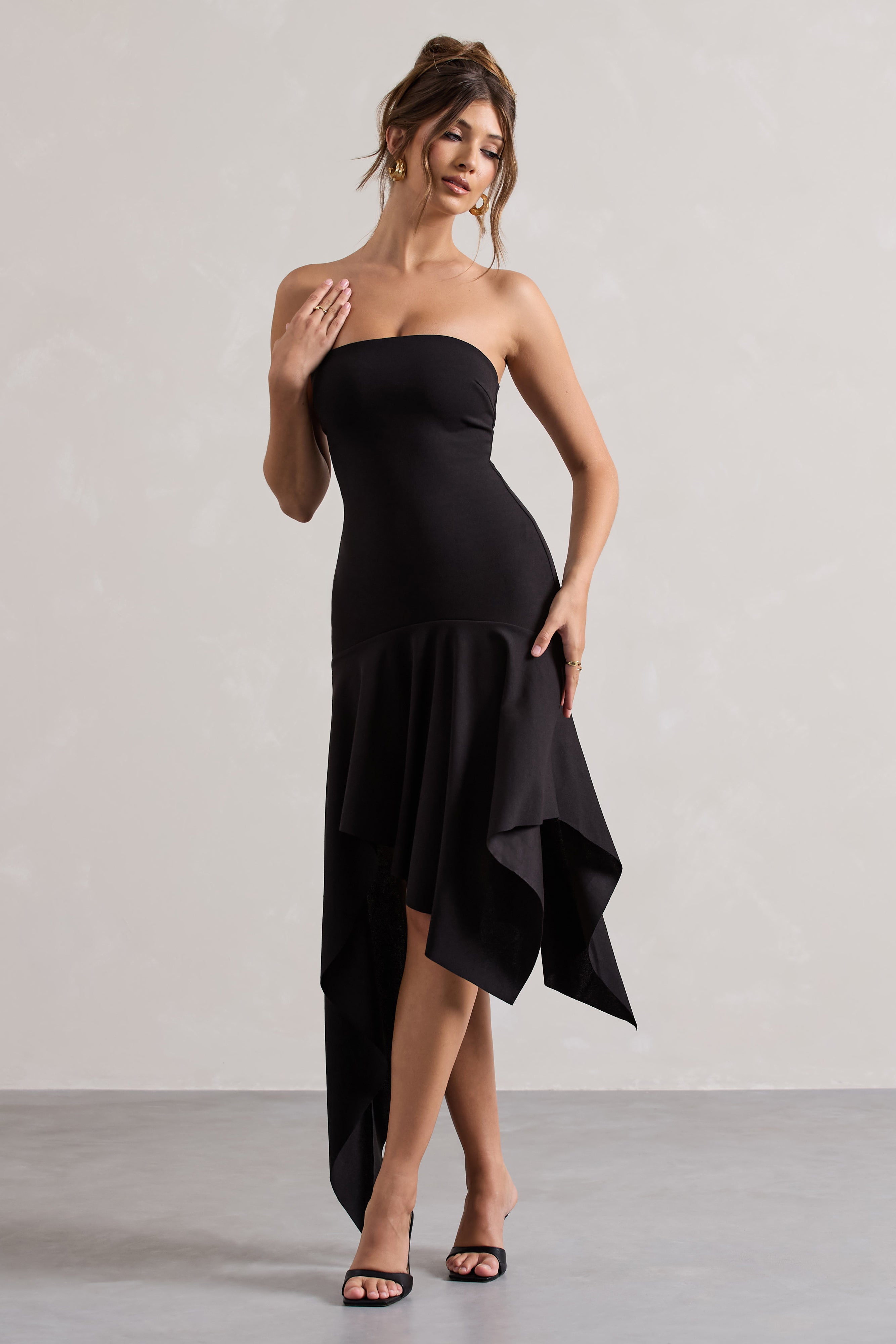 Catalina | Drapeli Kenar Detaylı Siyah Bandeau Maxi Elbise
