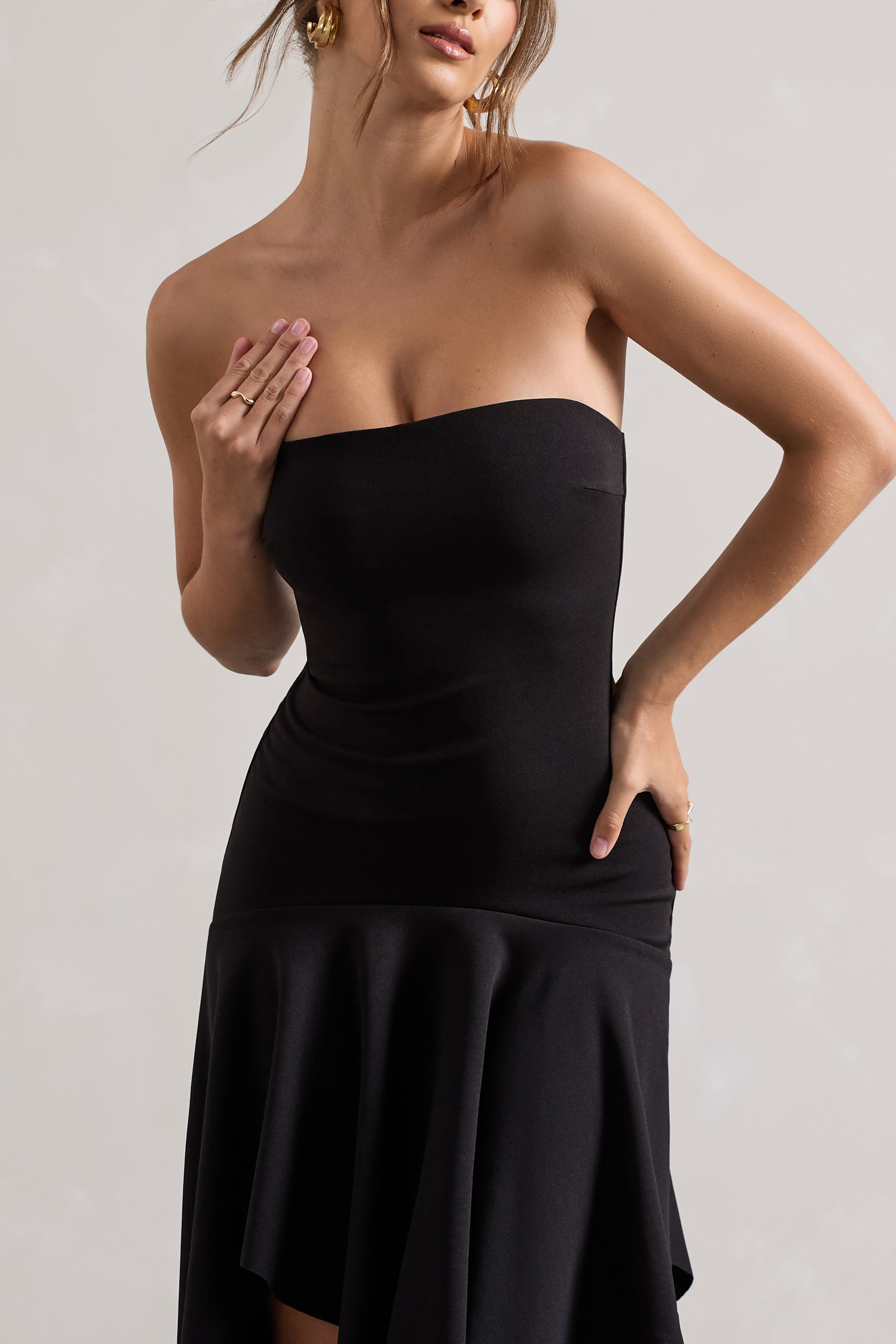 Catalina | Drapeli Kenar Detaylı Siyah Bandeau Maxi Elbise