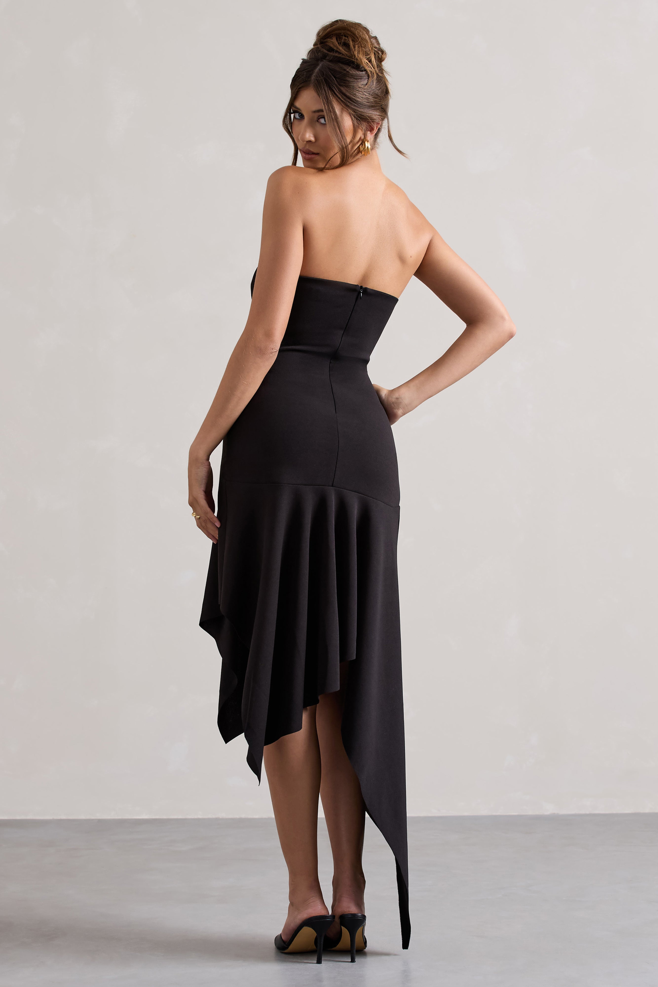 Catalina | Drapeli Kenar Detaylı Siyah Bandeau Maxi Elbise