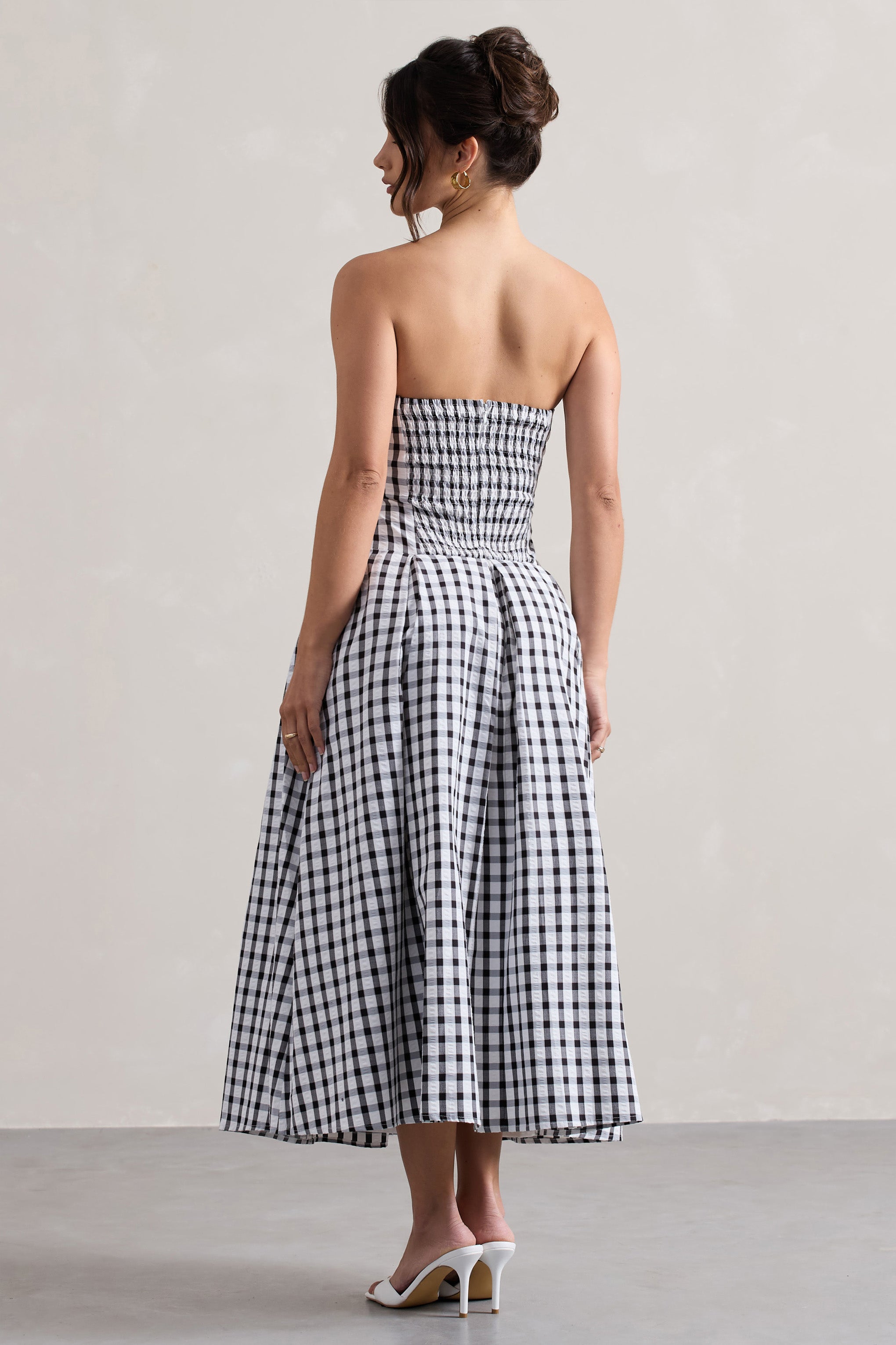 Maisy | Siyah & Beyaz Gingham Askısız Maxi Elbise