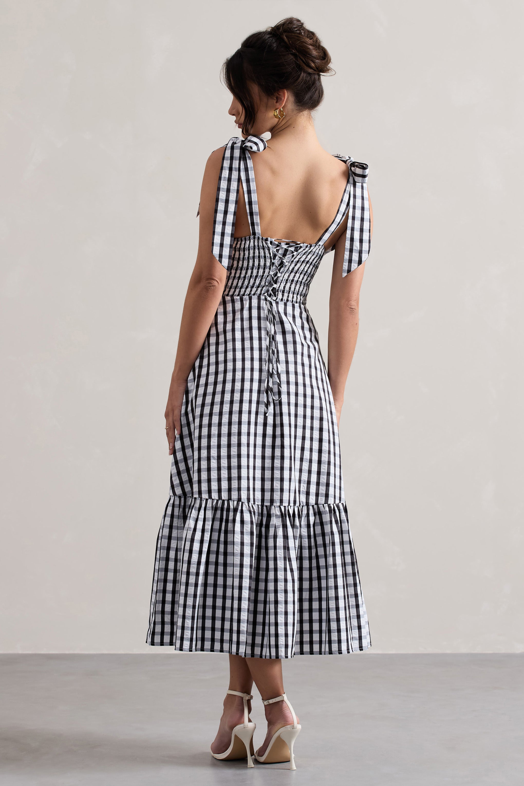 Brighton | Siyah & Beyaz Gingham Kalp Yaka Midi Elbise