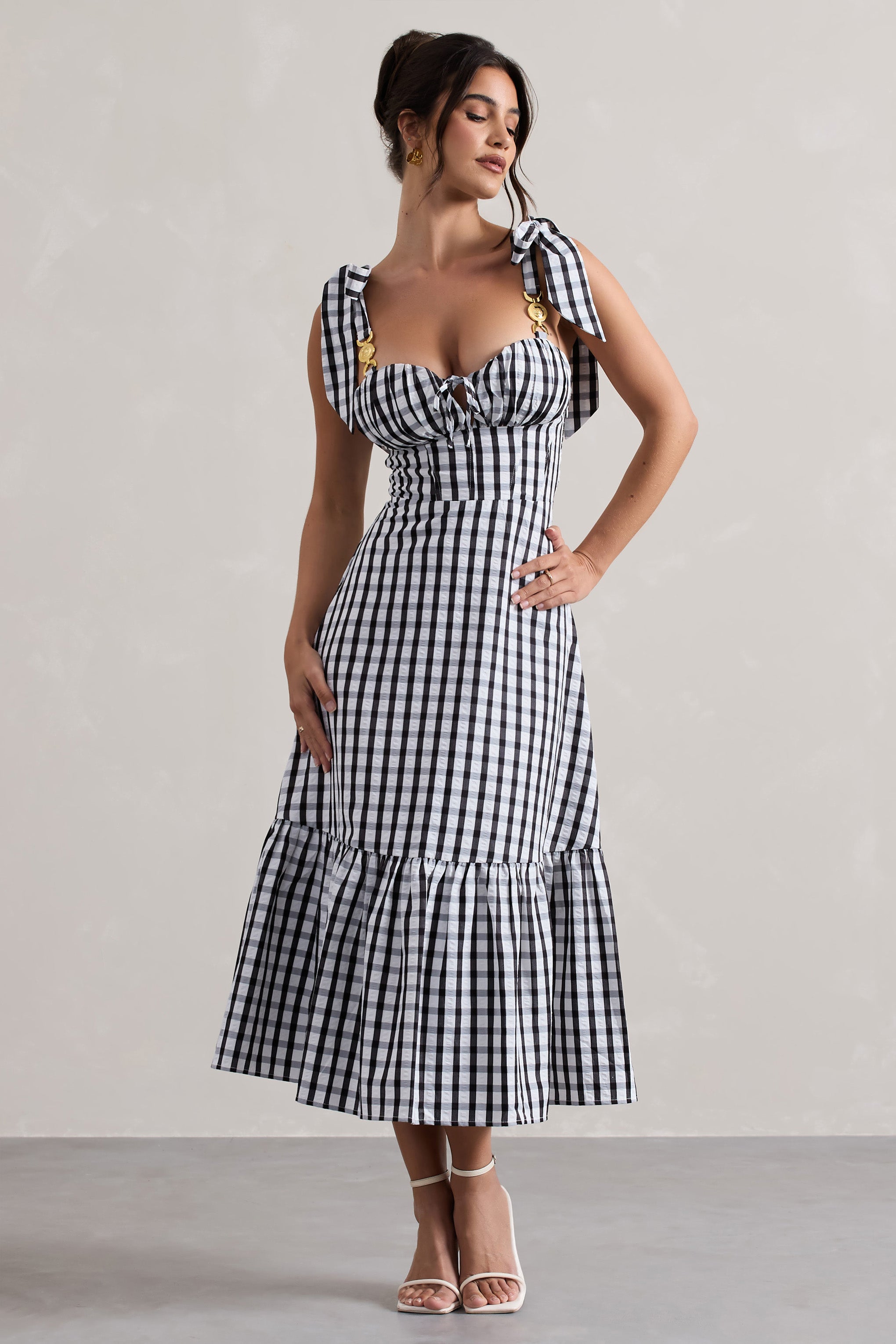 Brighton | Siyah & Beyaz Gingham Kalp Yaka Midi Elbise