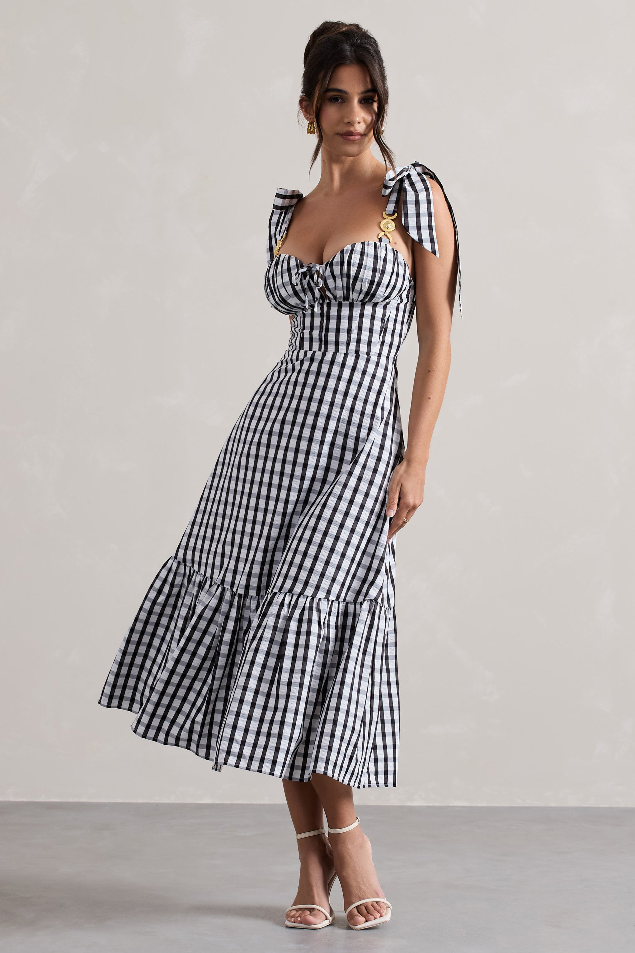 Brighton | Siyah & Beyaz Gingham Kalp Yaka Midi Elbise
