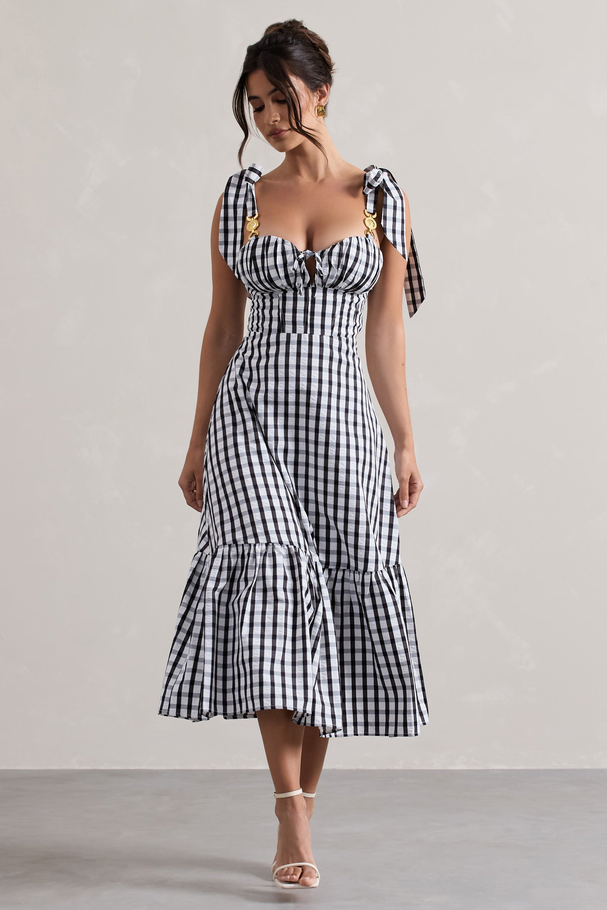 Brighton | Siyah & Beyaz Gingham Kalp Yaka Midi Elbise
