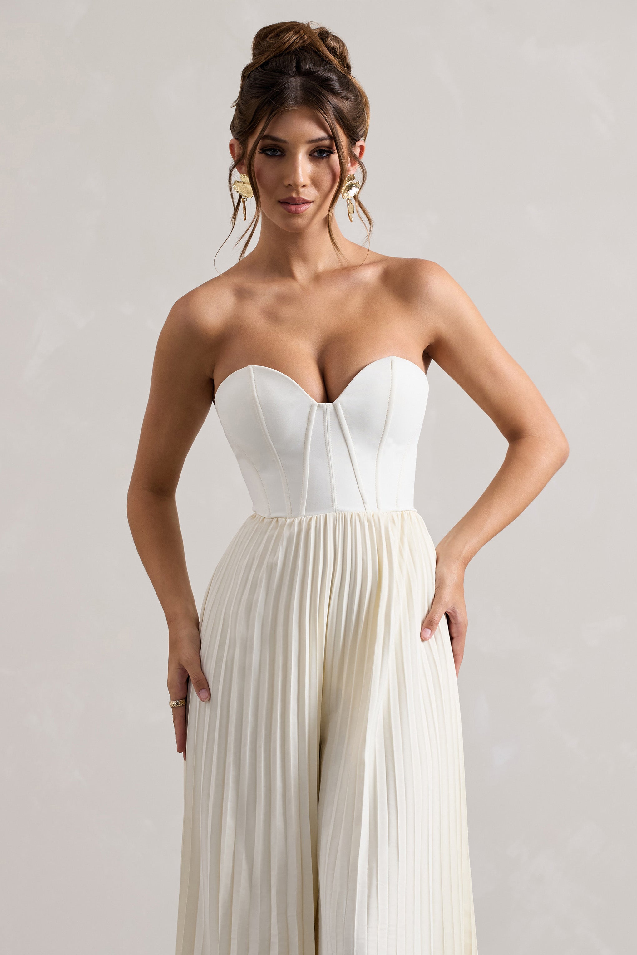 Lorelai | Krem Korse Plise Geniş Paça Tulum