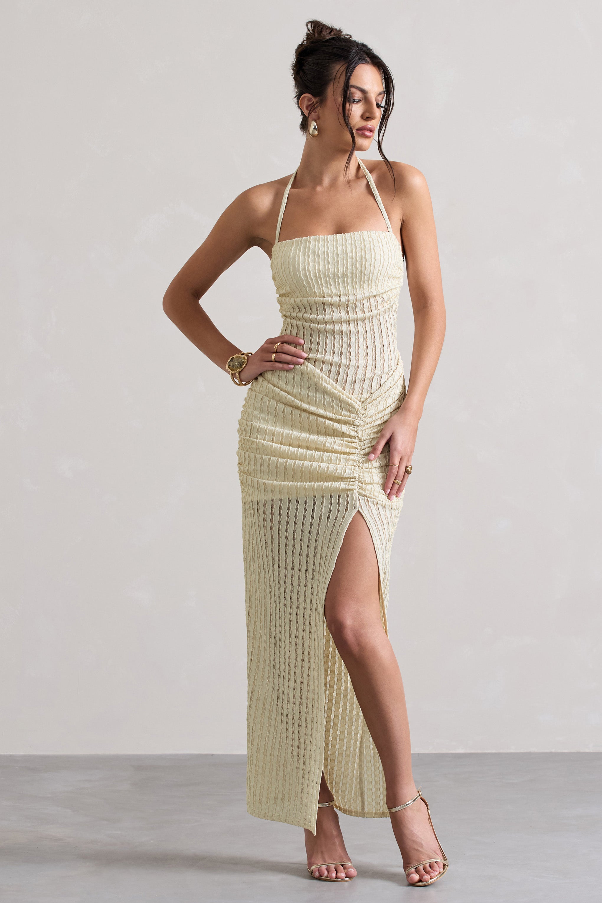 Amalfi | Ecru Dokulu Şeffaf Halter Yaka Maxi Elbise