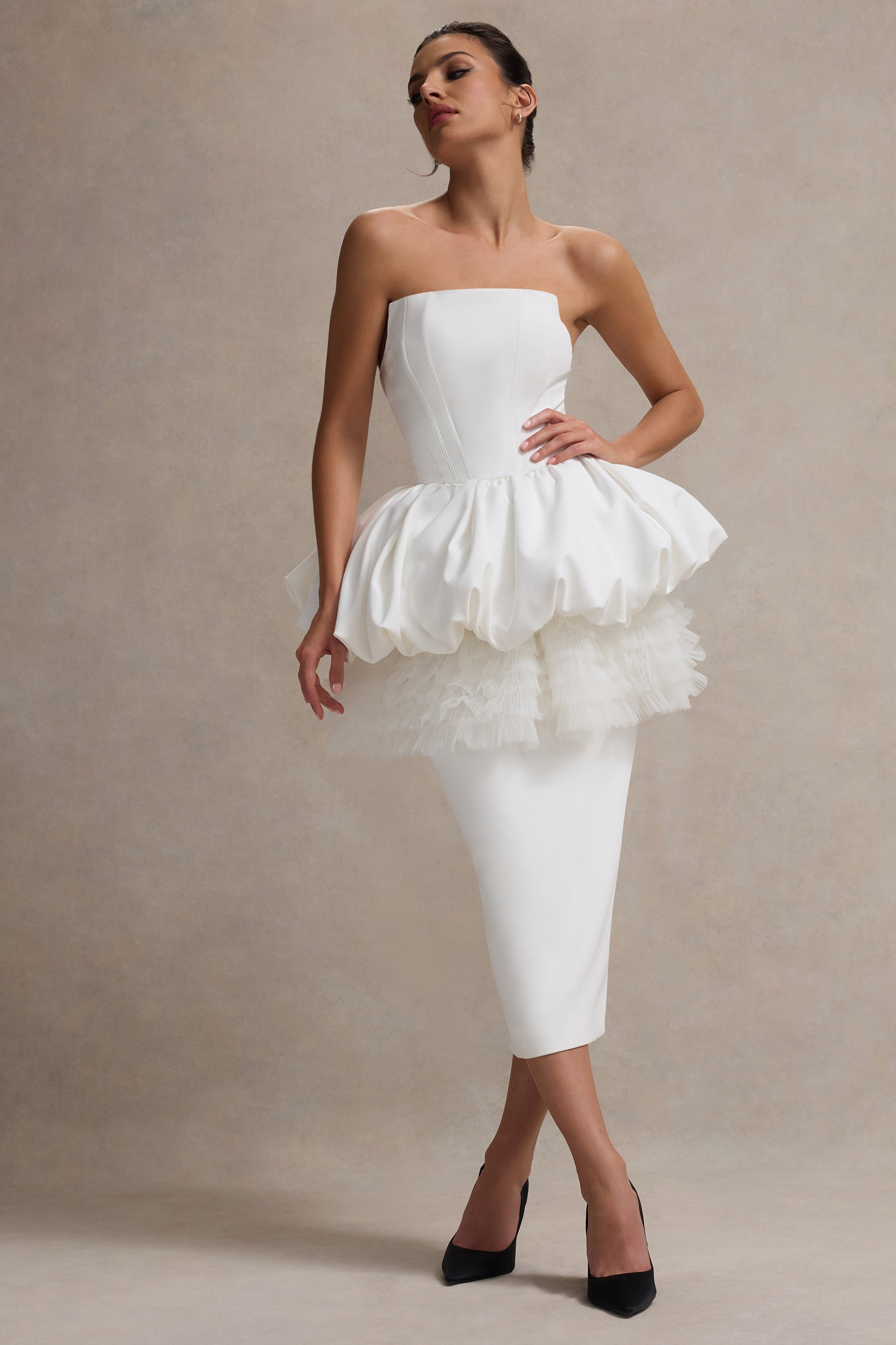 Jones | Tül Peplum Bel Detaylı Beyaz Straplez Midi Elbise