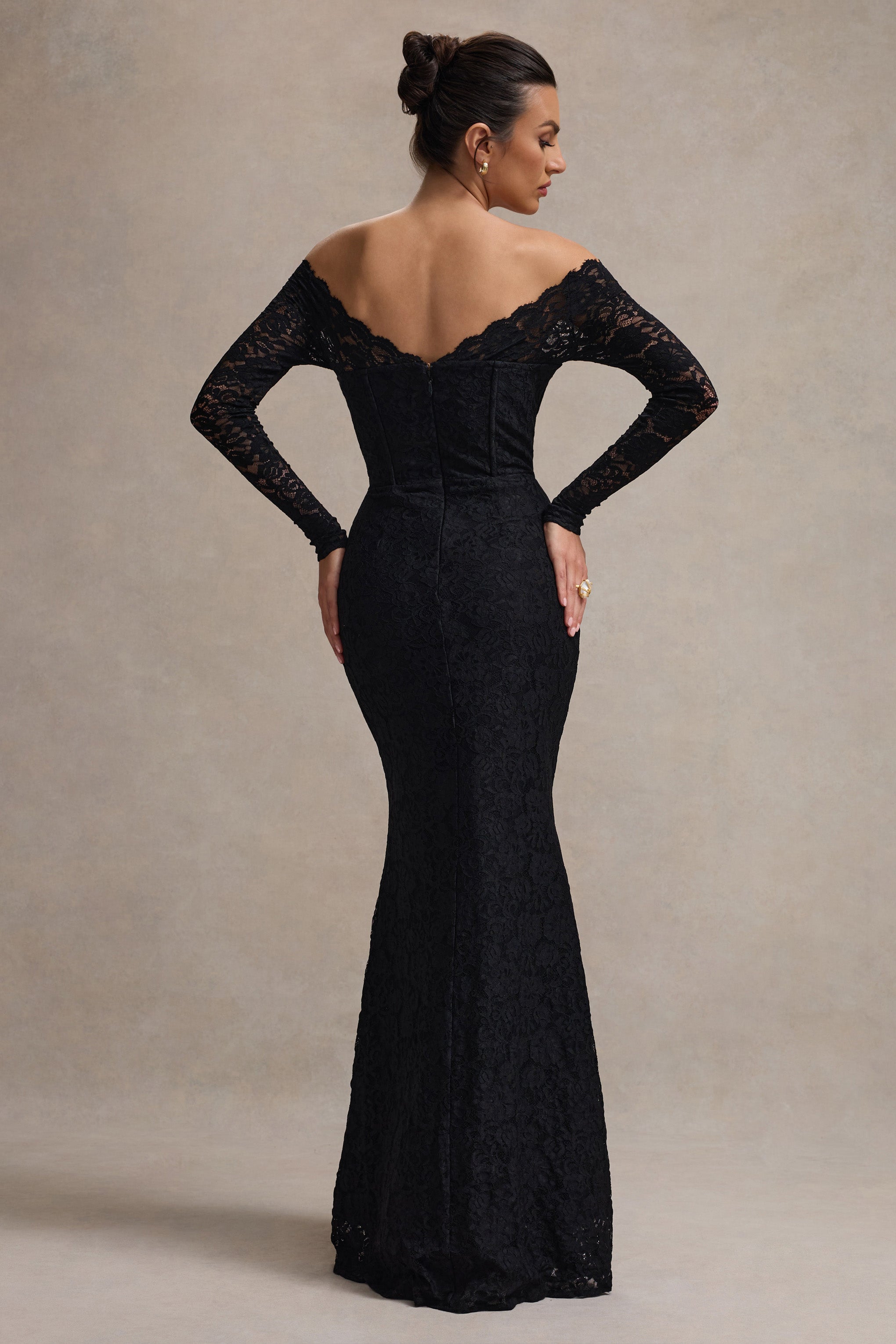 Astoria | Şifon Etekli Siyah Dantel Bardot Maxi Elbise