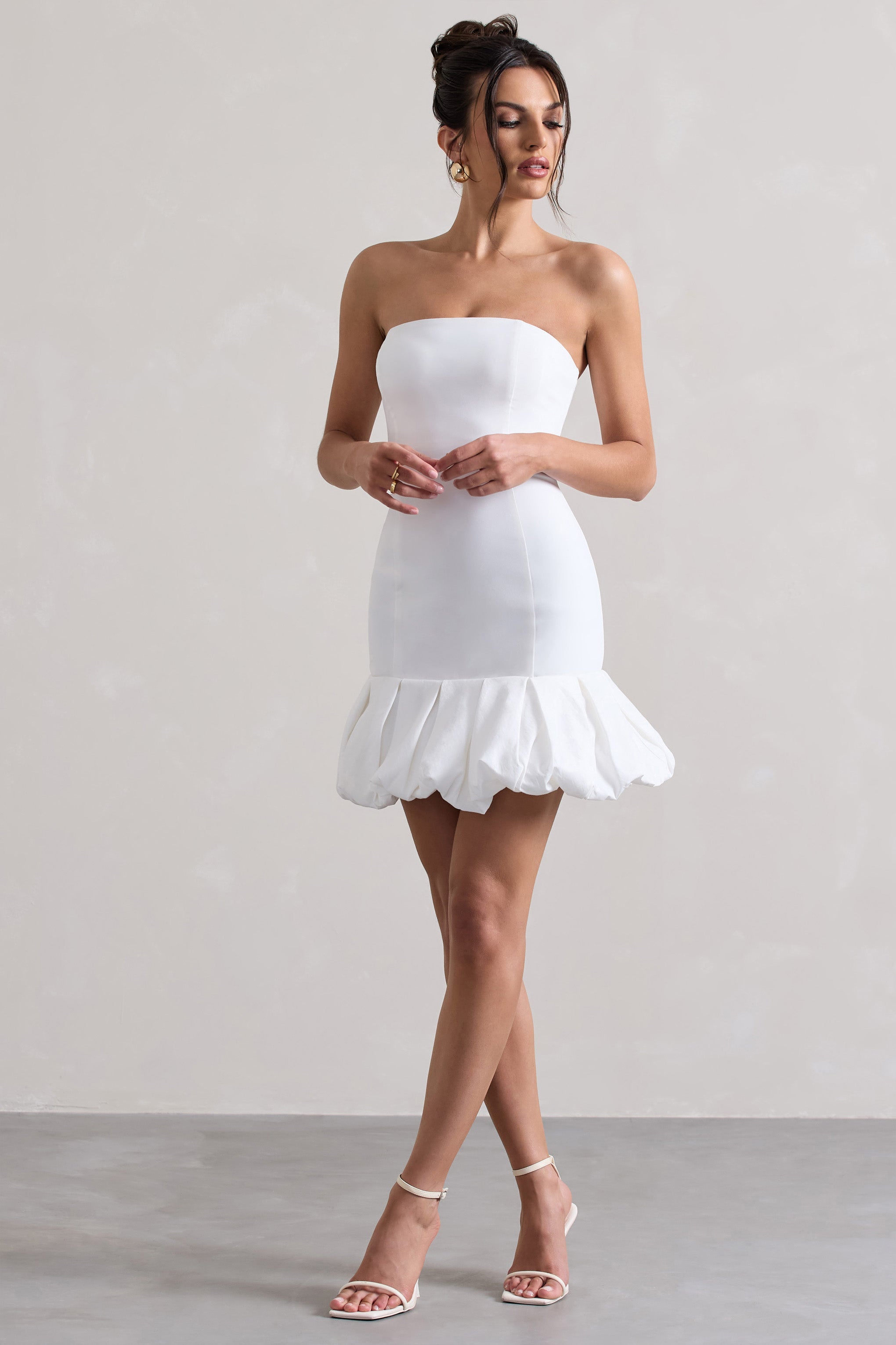 Liscia | Volan Detaylı Beyaz Bandeau Mini Elbise