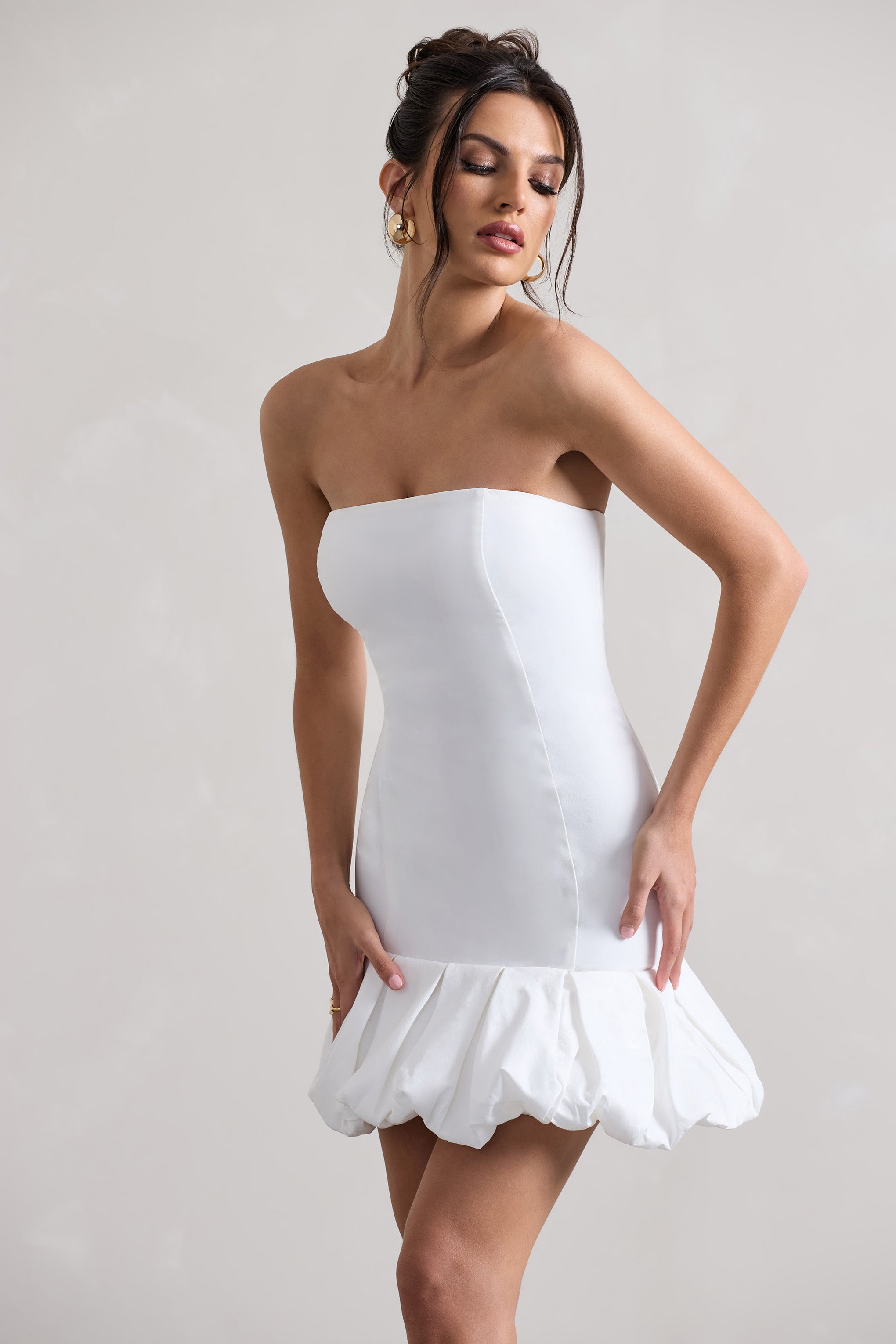 Liscia | Volan Detaylı Beyaz Bandeau Mini Elbise
