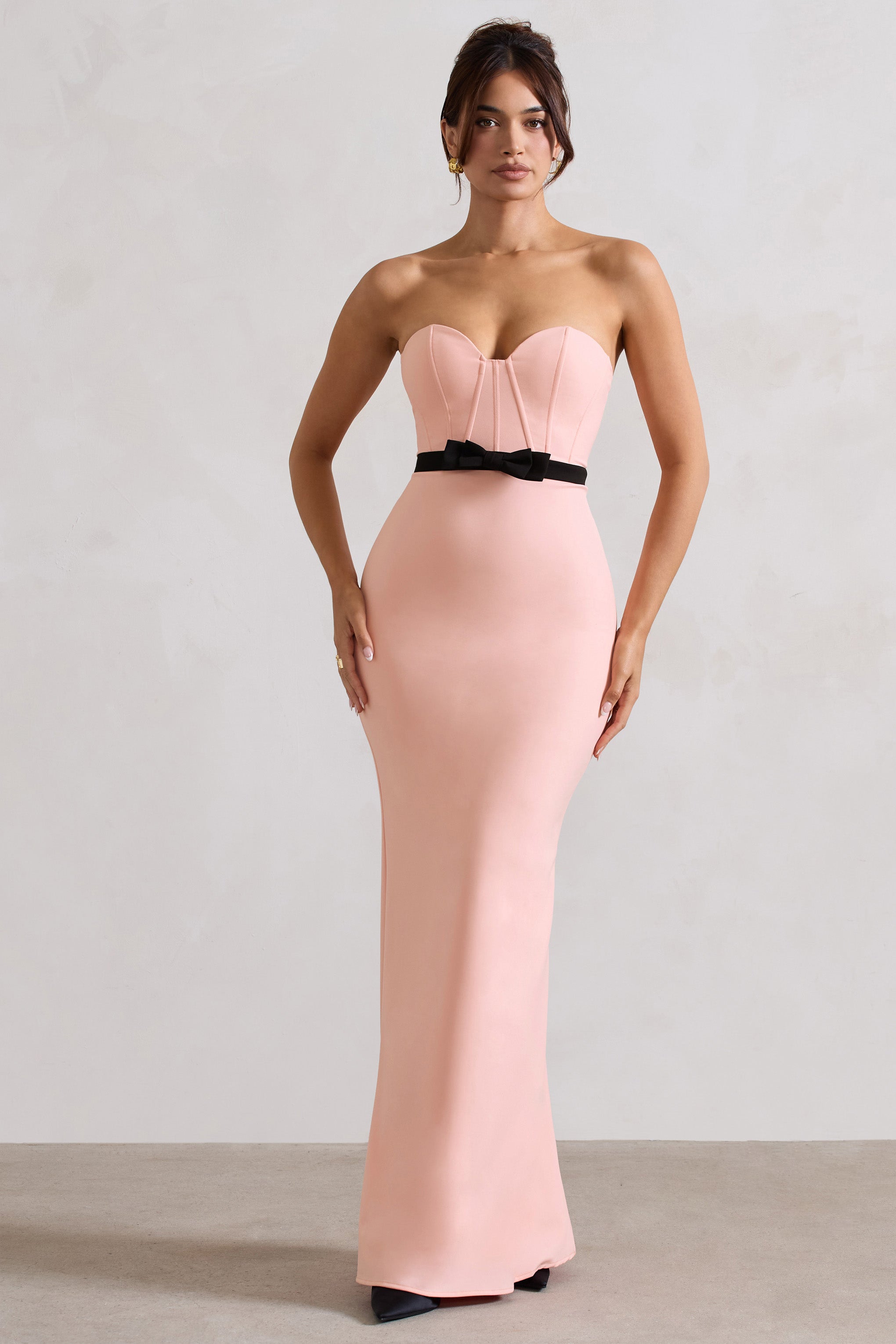 Albi | Pembe Yapılandırılmış Askısız Korse Maxi Elbise İle Fiyonk