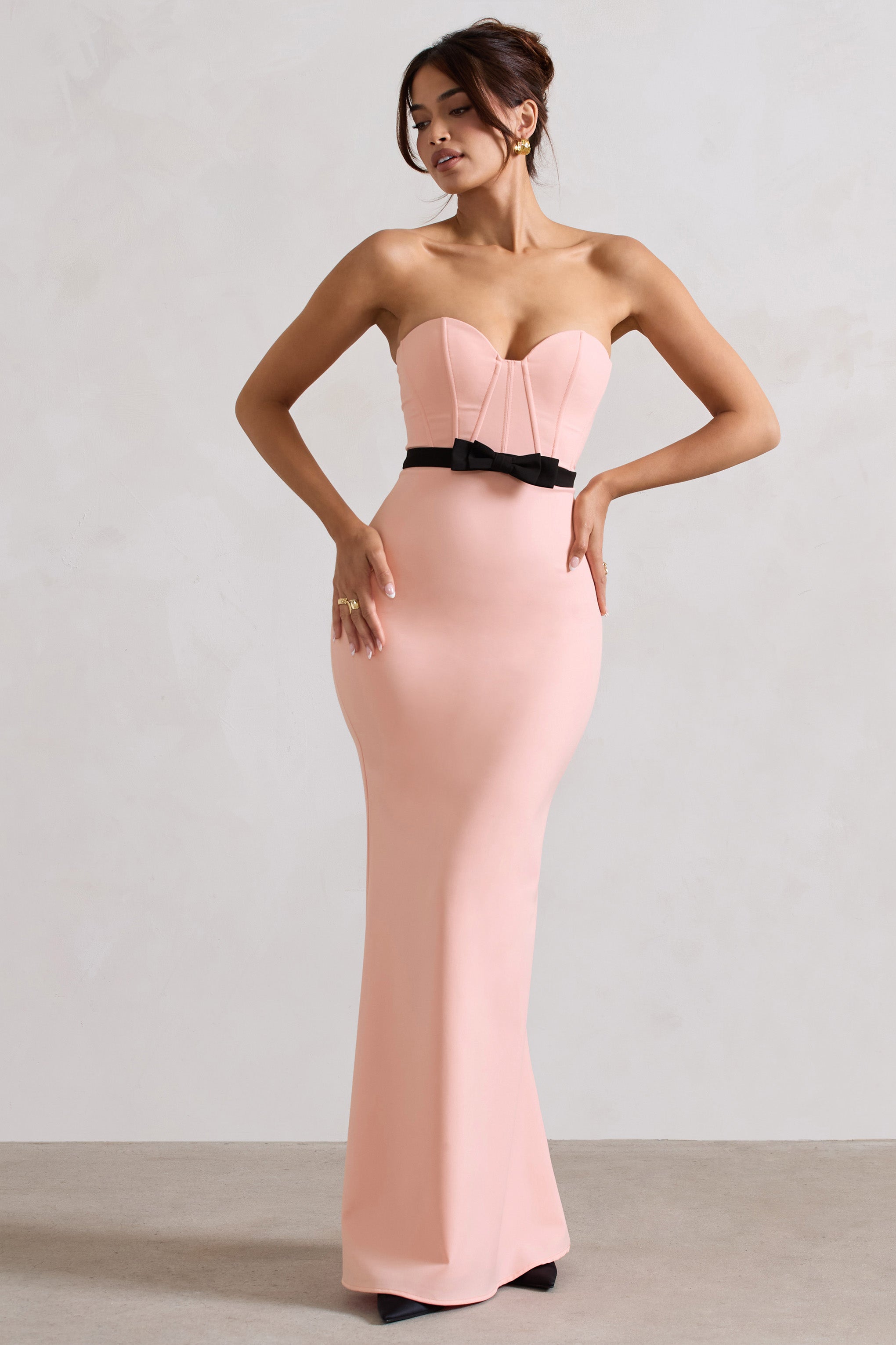 Albi | Pembe Yapılandırılmış Askısız Korse Maxi Elbise İle Fiyonk
