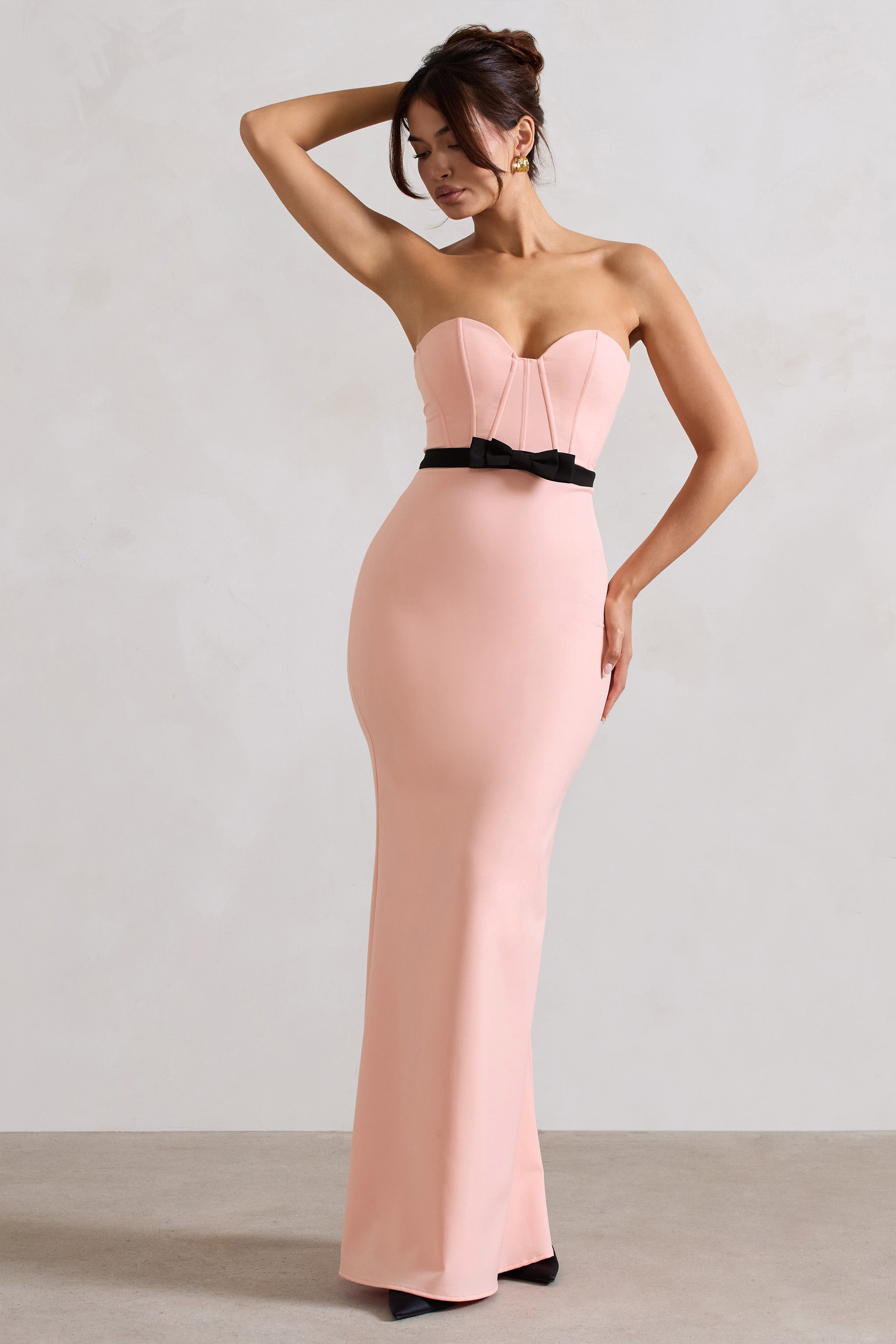Albi | Pembe Yapılandırılmış Askısız Korse Maxi Elbise İle Fiyonk