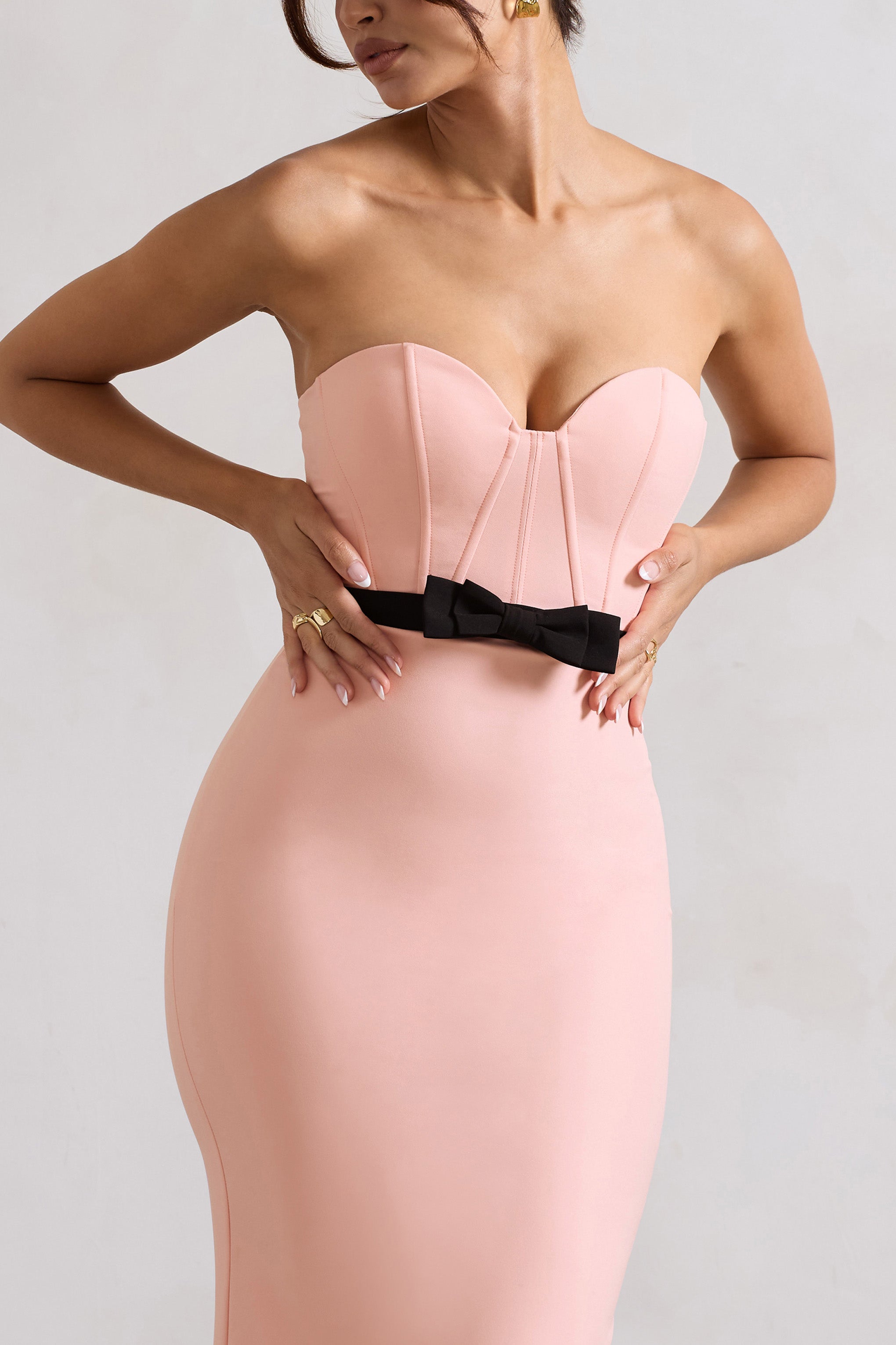 Albi | Pembe Yapılandırılmış Askısız Korse Maxi Elbise İle Fiyonk