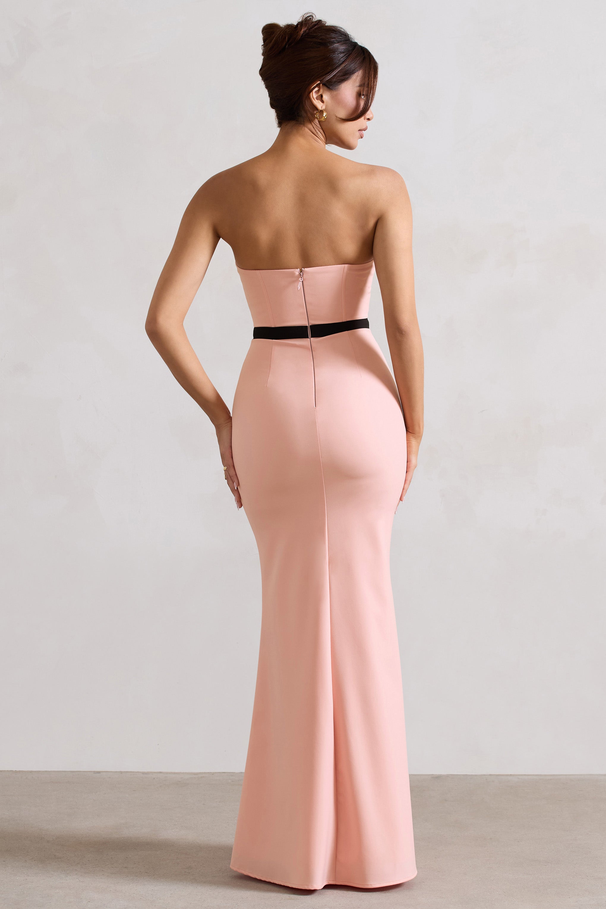 Albi | Pembe Yapılandırılmış Askısız Korse Maxi Elbise İle Fiyonk