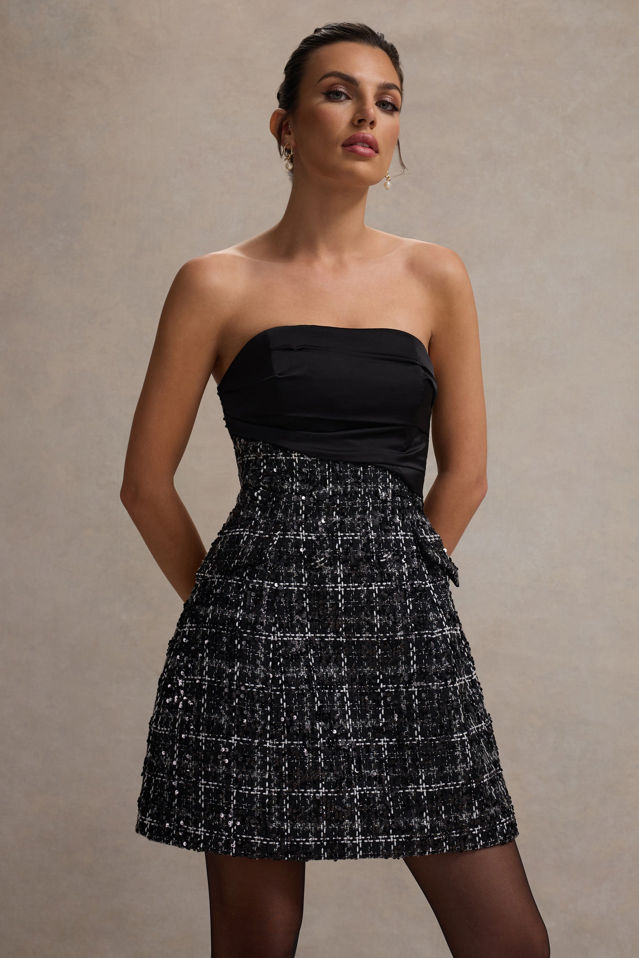 Park Avenue | Siyah Boucle Strapless Dar Mini Elbise