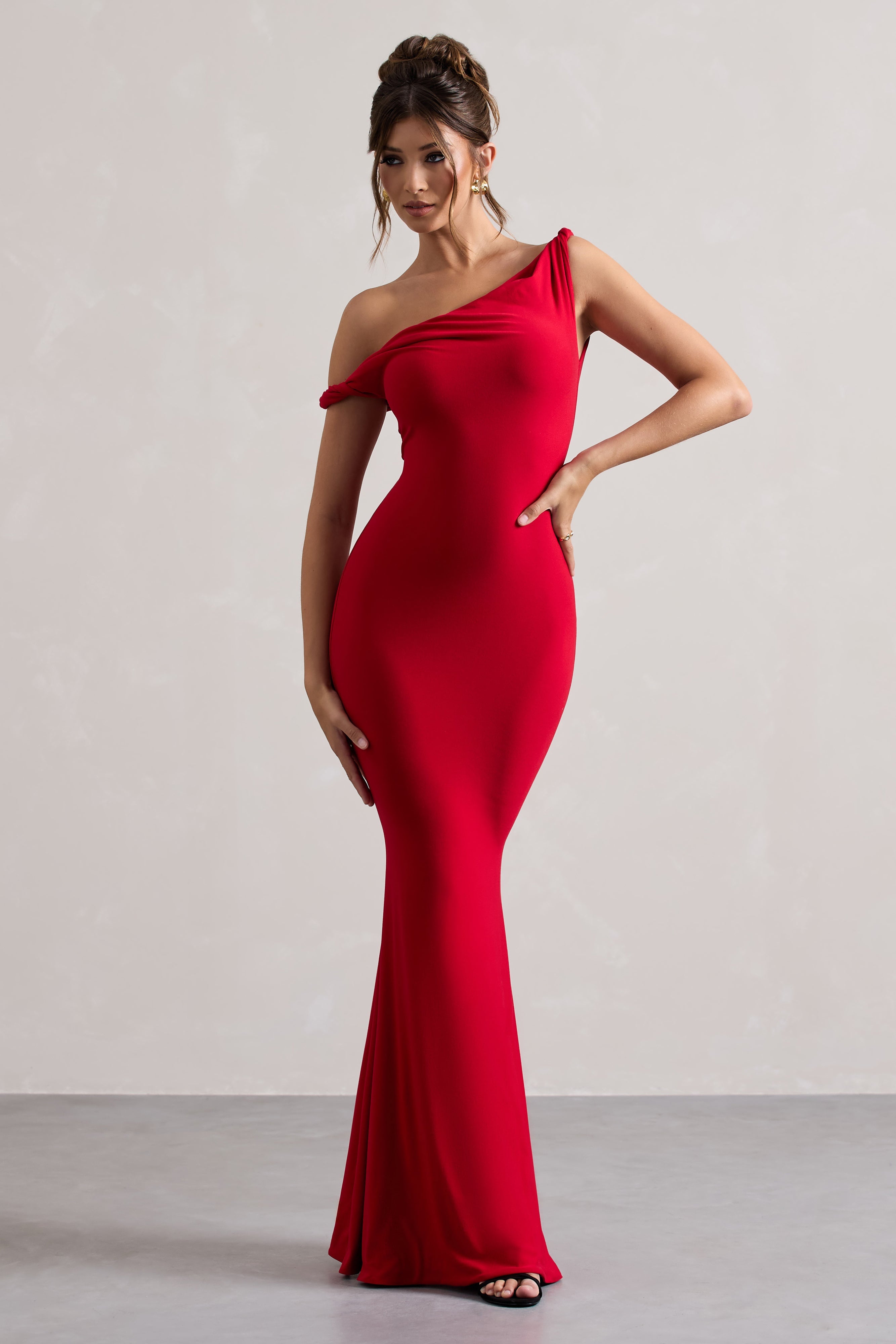 Lita | Kırmızı Kıvrımlı Asimetrik Maxi Elbise