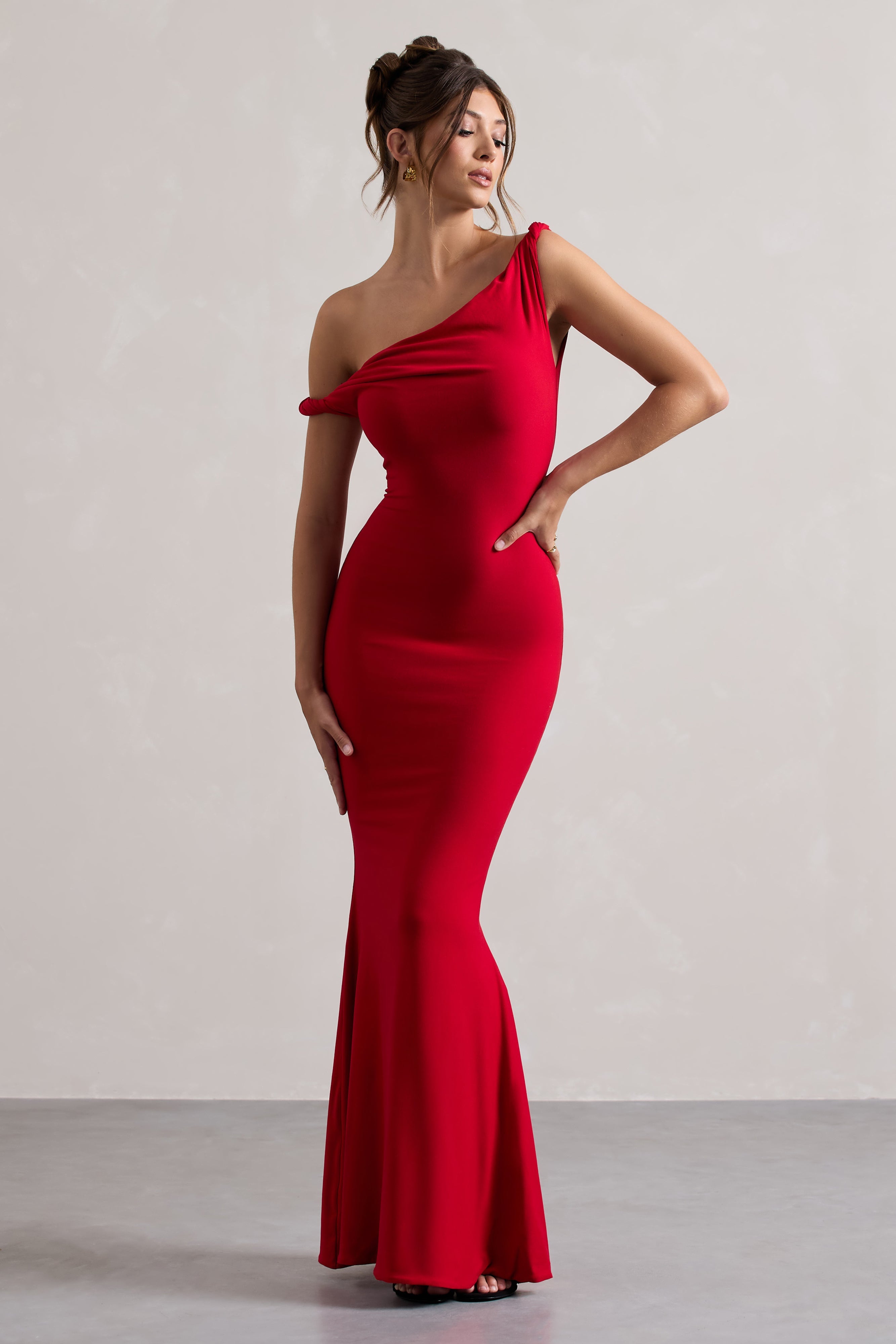 Lita | Kırmızı Kıvrımlı Asimetrik Maxi Elbise