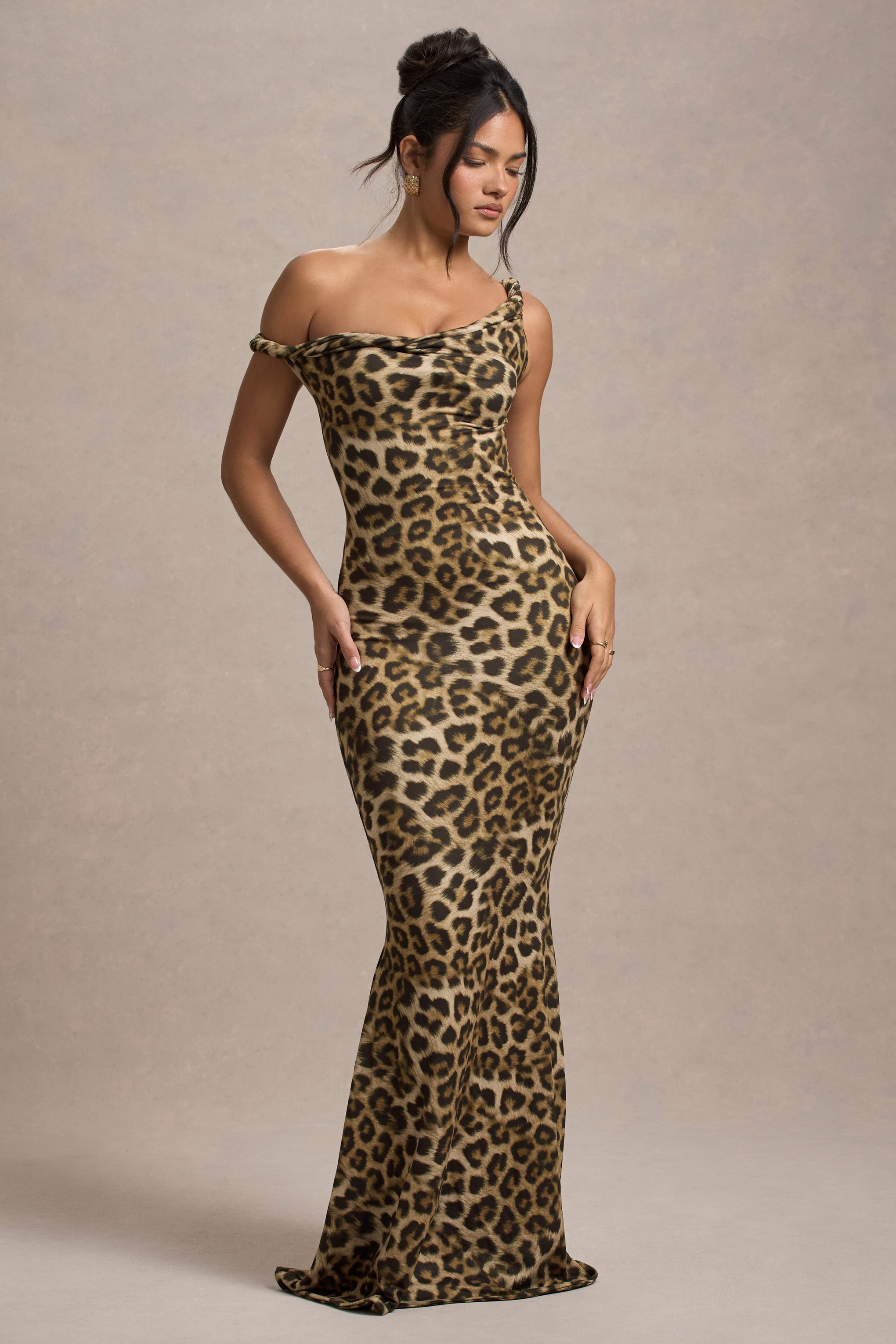 Lita | Leopar Desenli Kıvrımlı Asimetrik Maxi Elbise