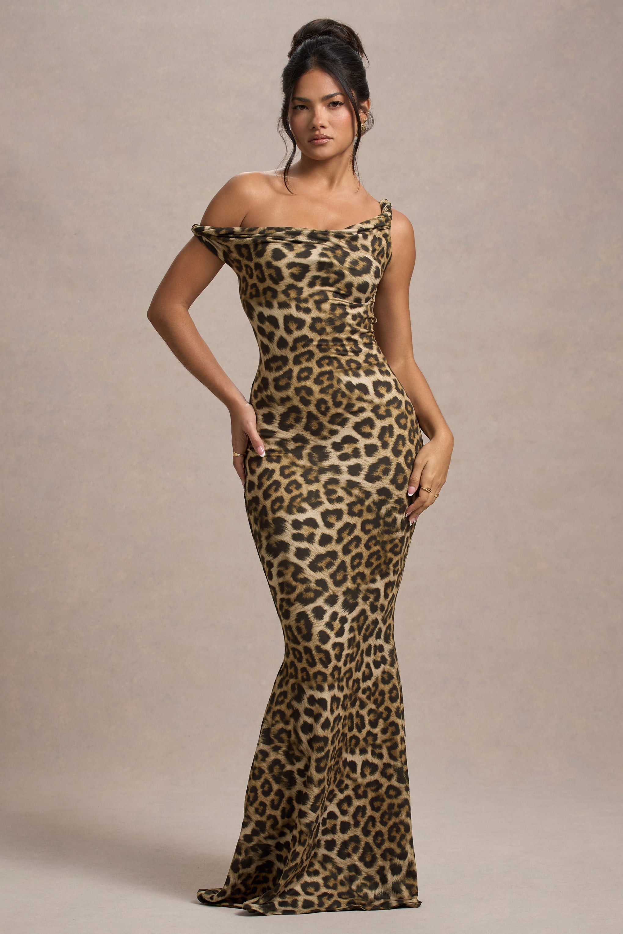 Lita | Leopar Desenli Kıvrımlı Asimetrik Maxi Elbise