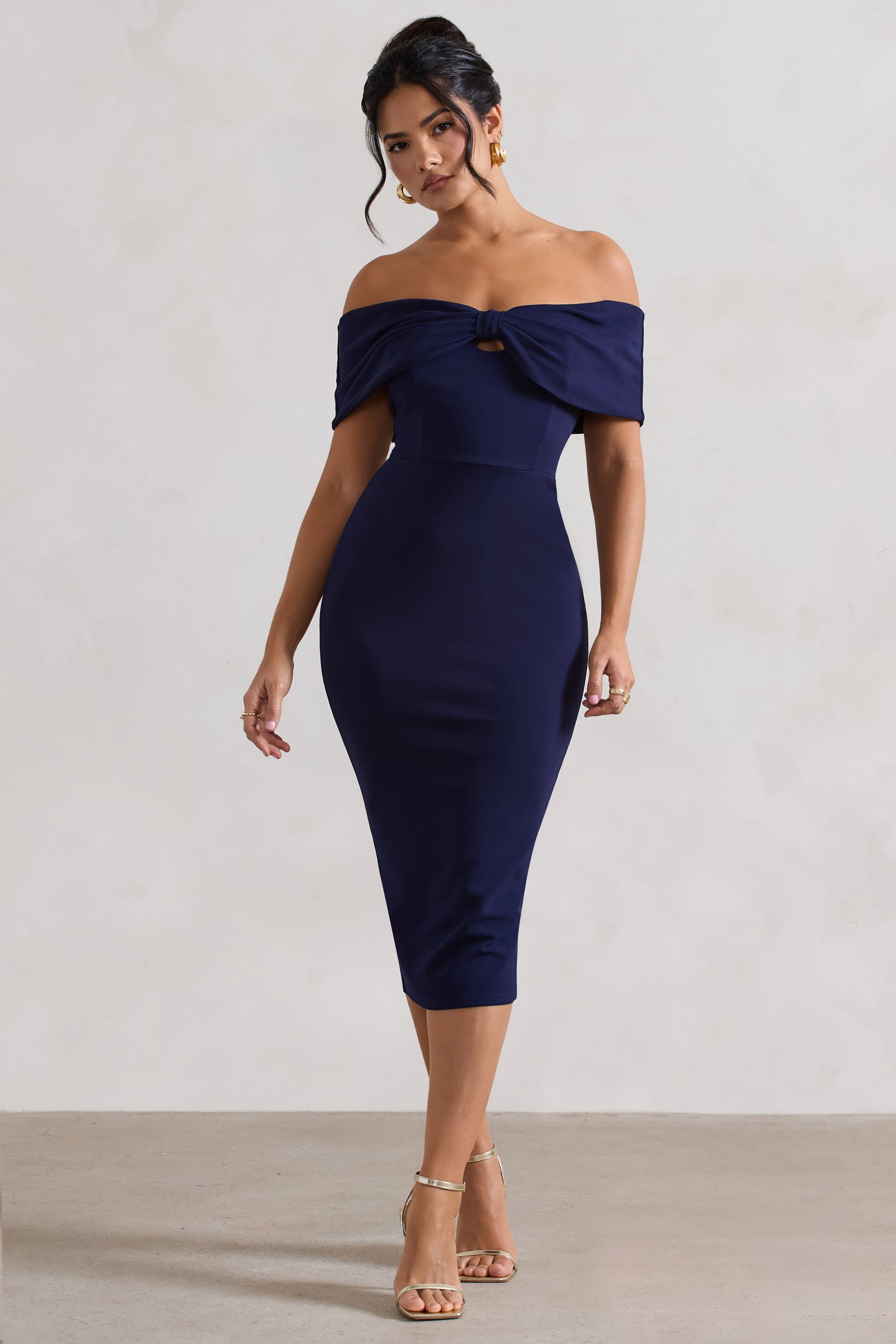 Hope | Lacivert Fiyonk Bardot Midi Elbise