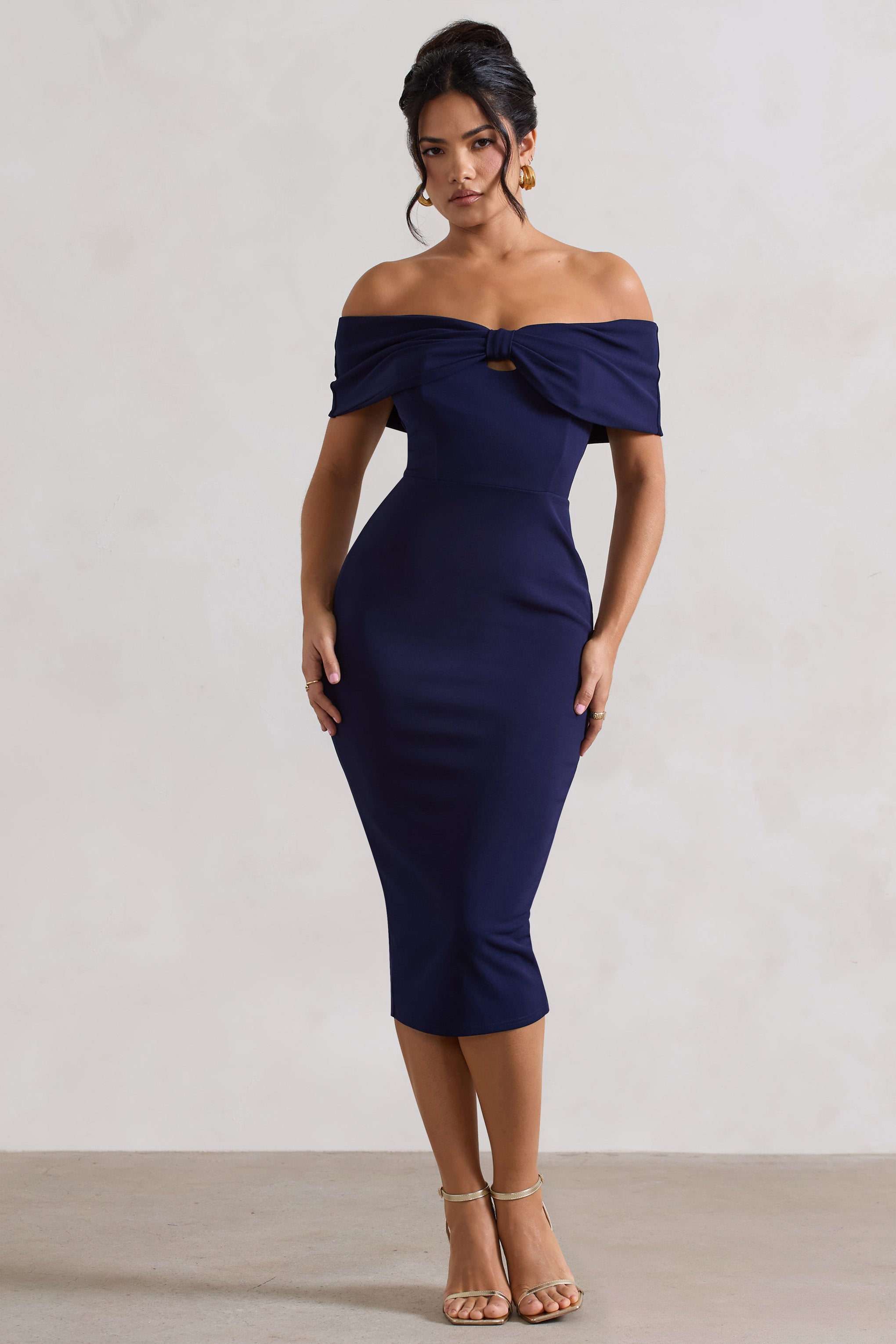 Hope | Lacivert Fiyonk Bardot Midi Elbise