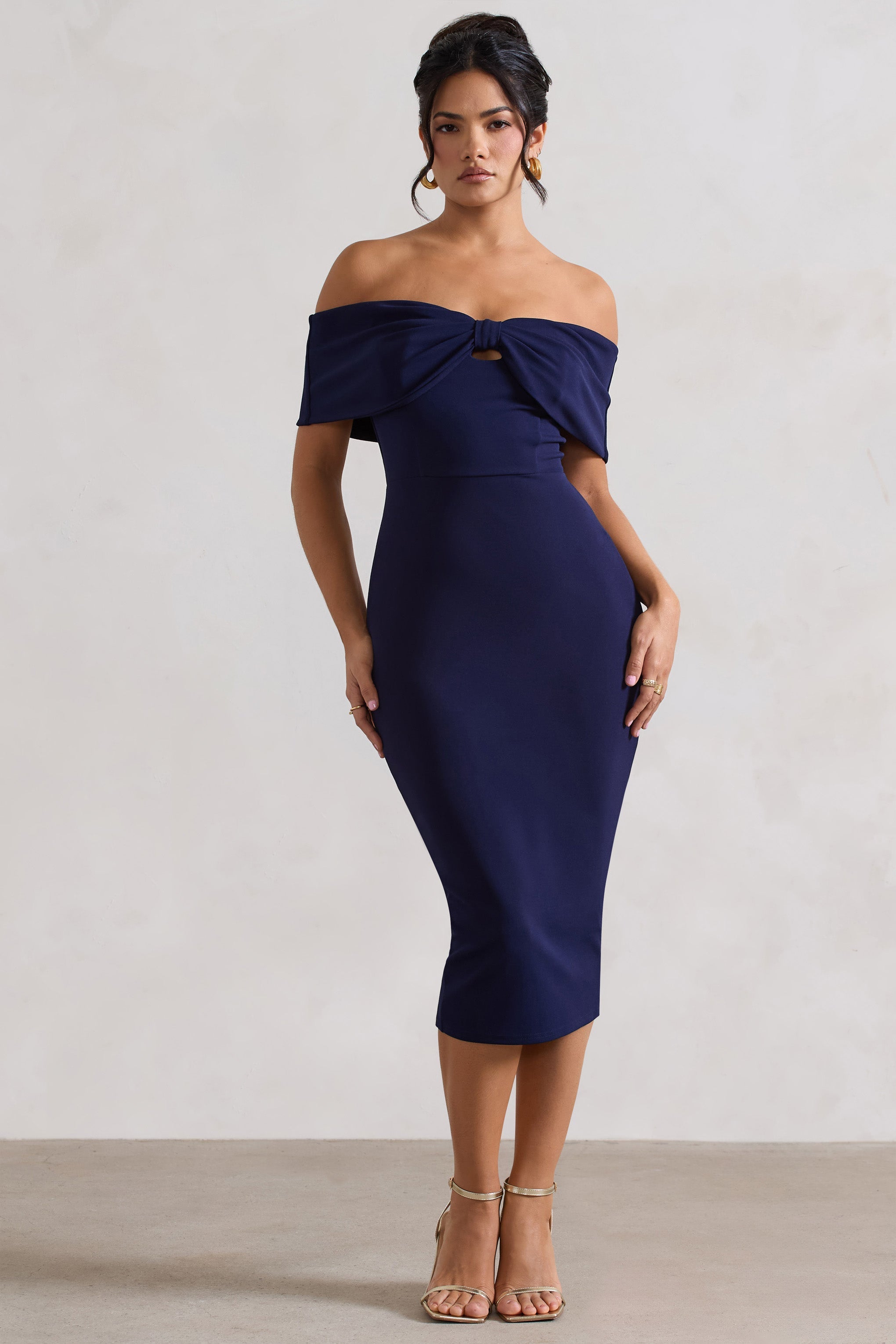 Hope | Lacivert Fiyonk Bardot Midi Elbise
