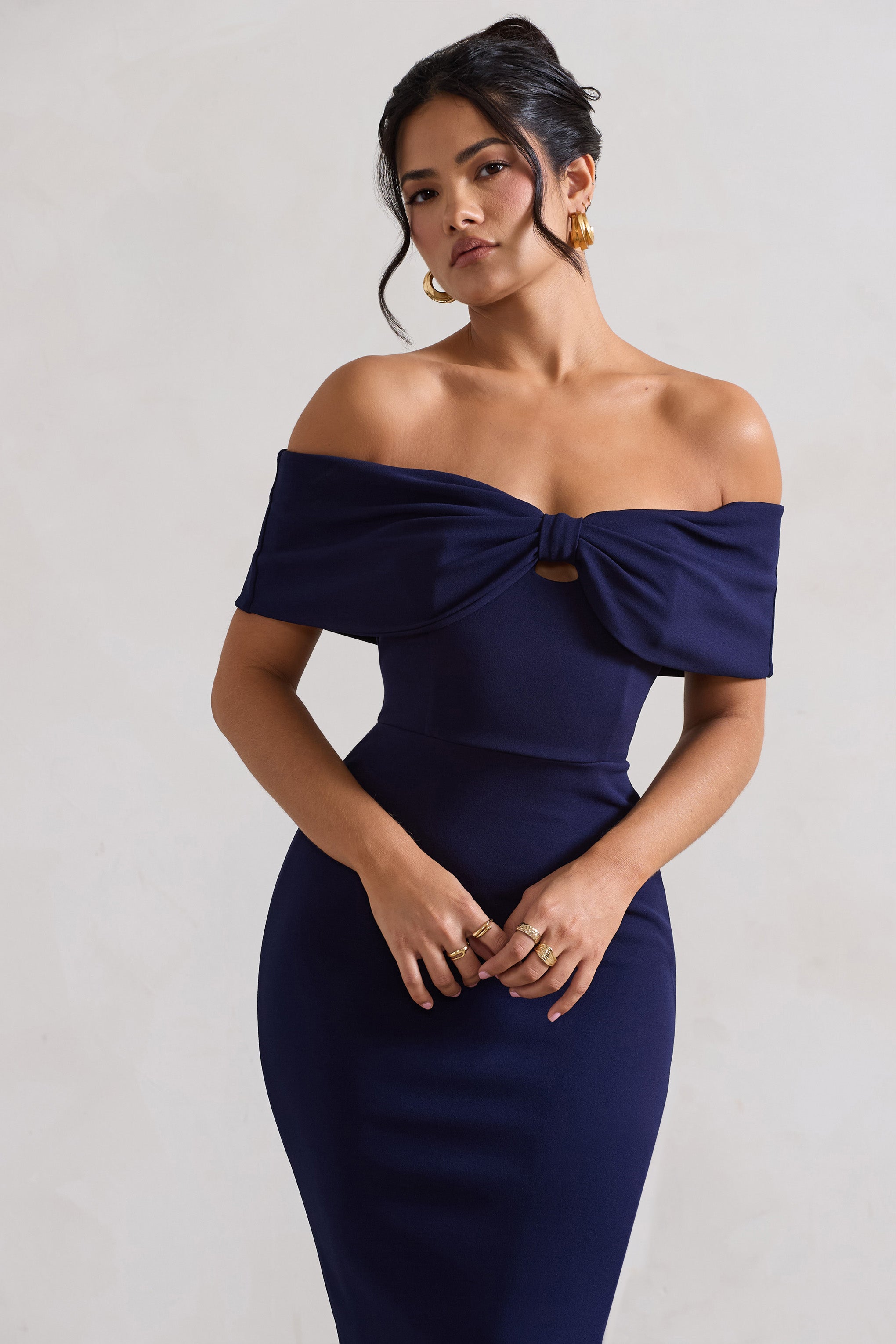 Hope | Lacivert Fiyonk Bardot Midi Elbise