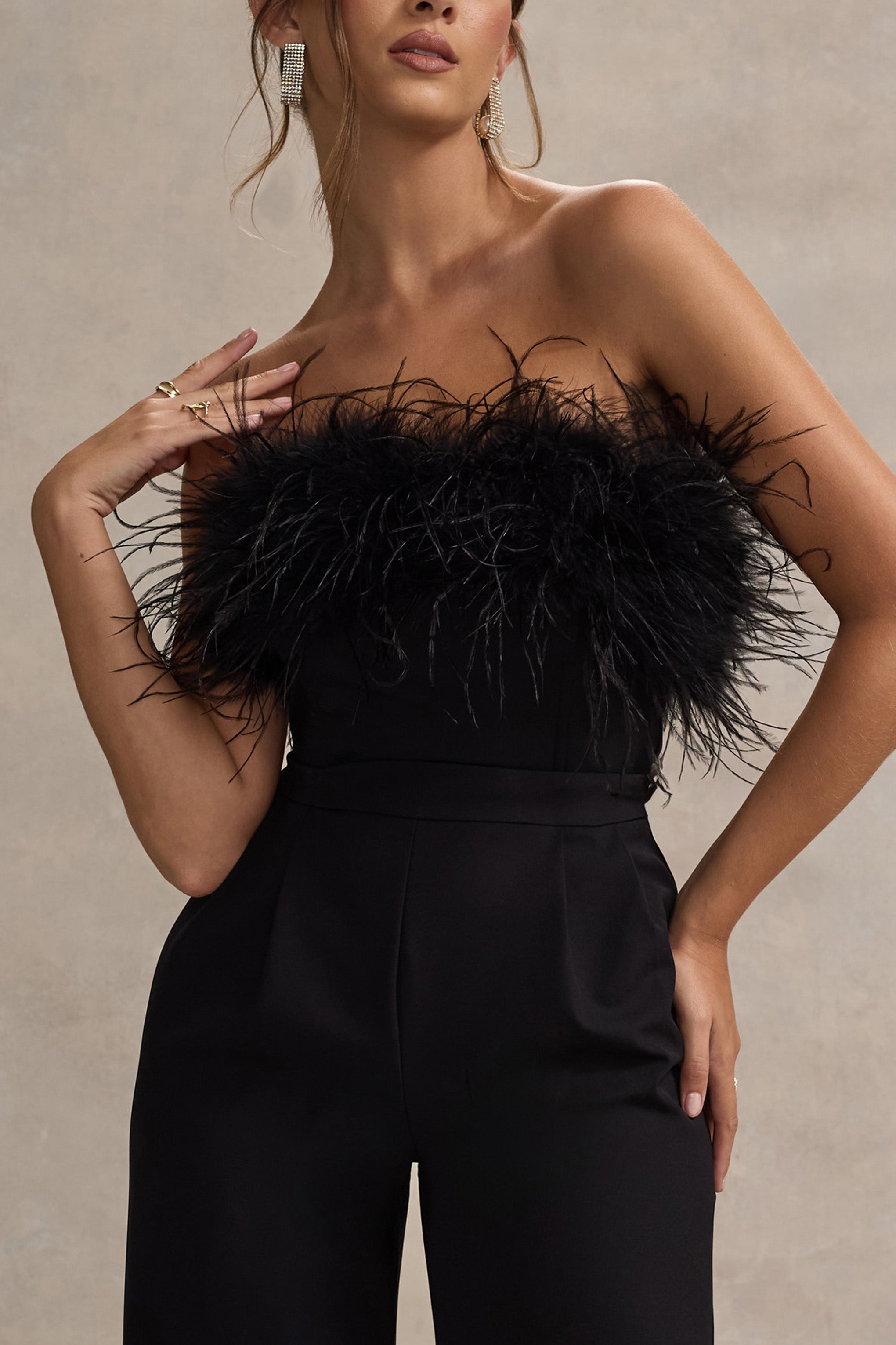 Delta | Siyah Tüy Detaylı Bandeau Geniş Paça Tulum