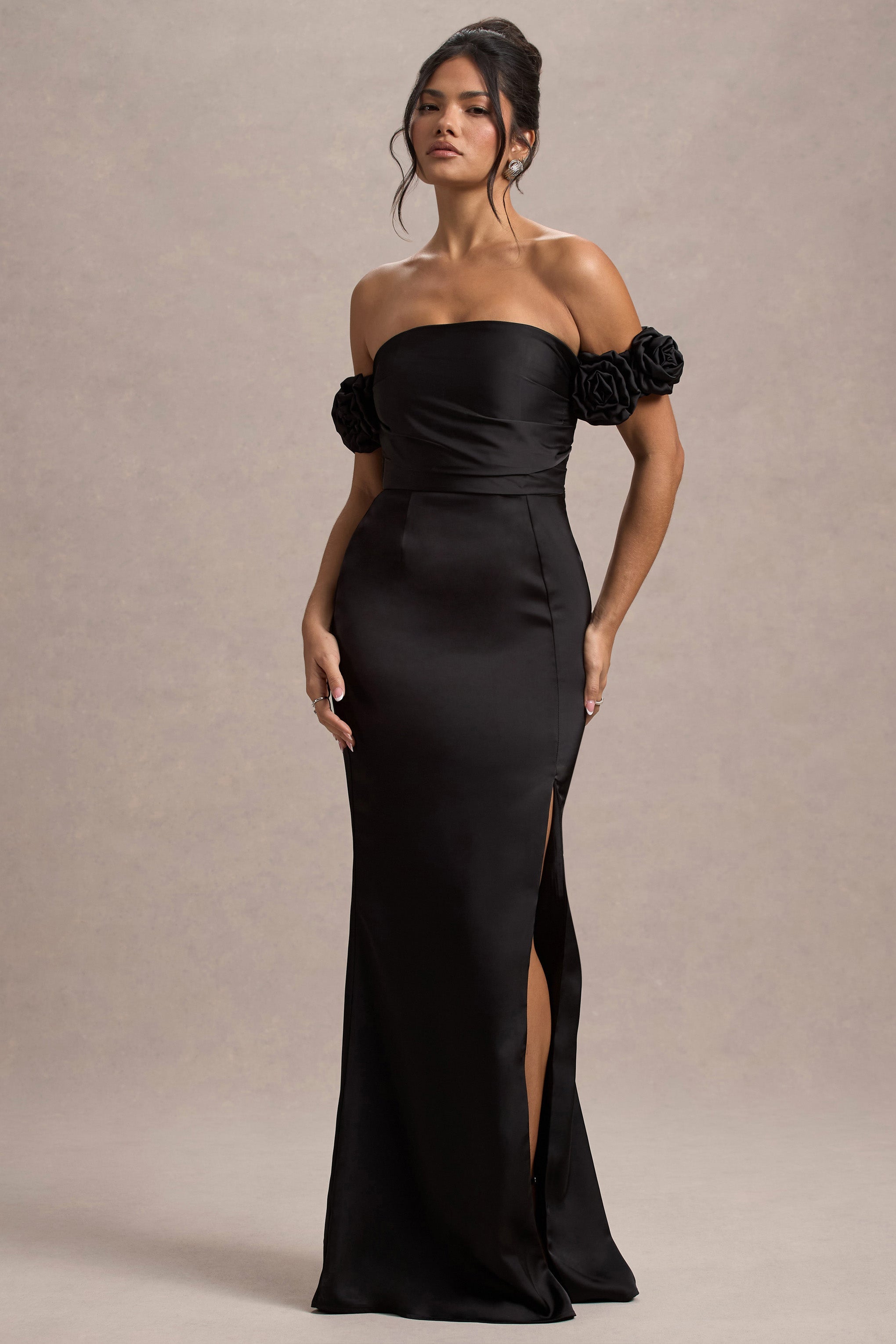 Anlamsız | Siyah Saten Çiçekli Bardot Maxi Elbise