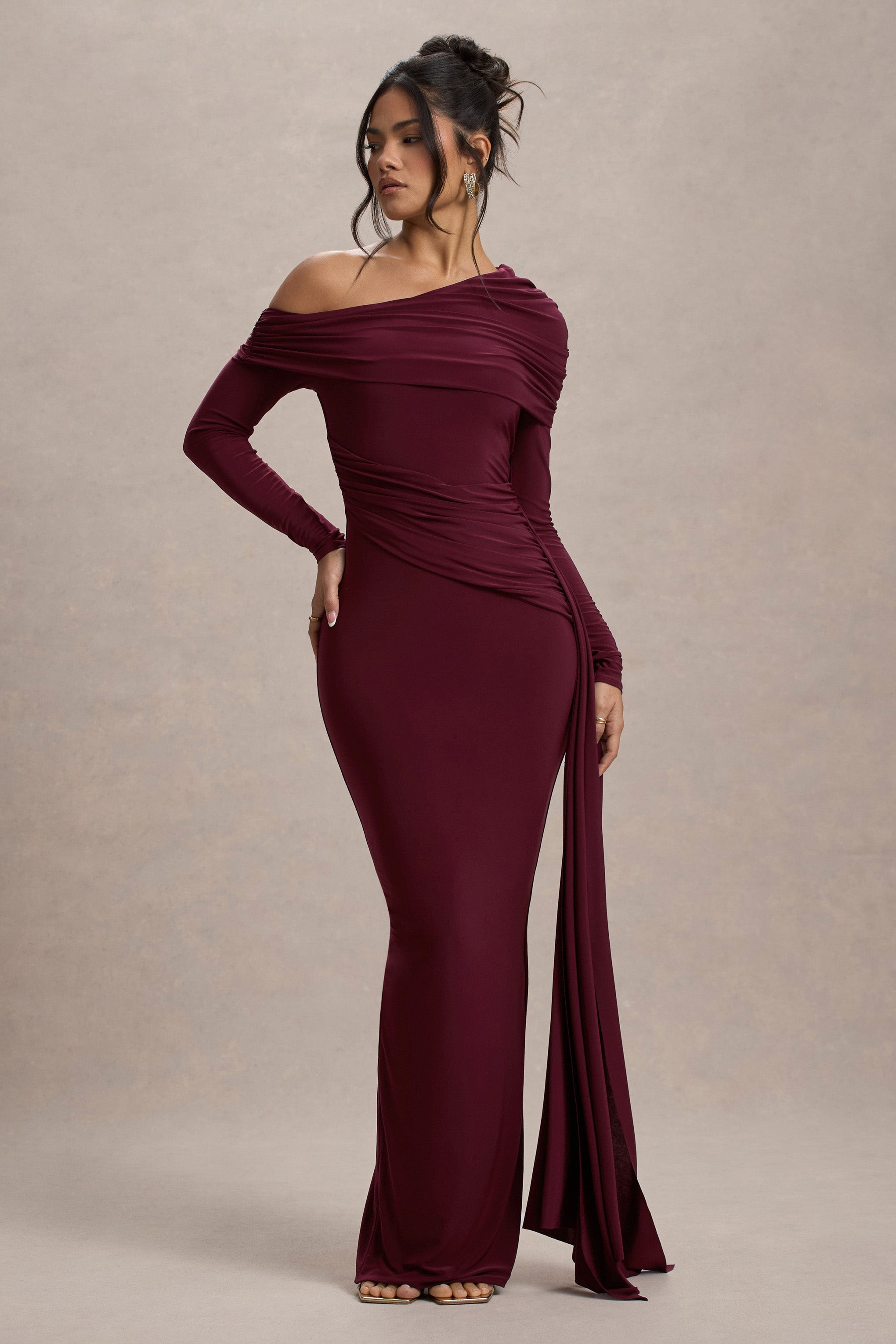 Valina | Bordo Fırfırlı Asimetrik Maxi Elbise