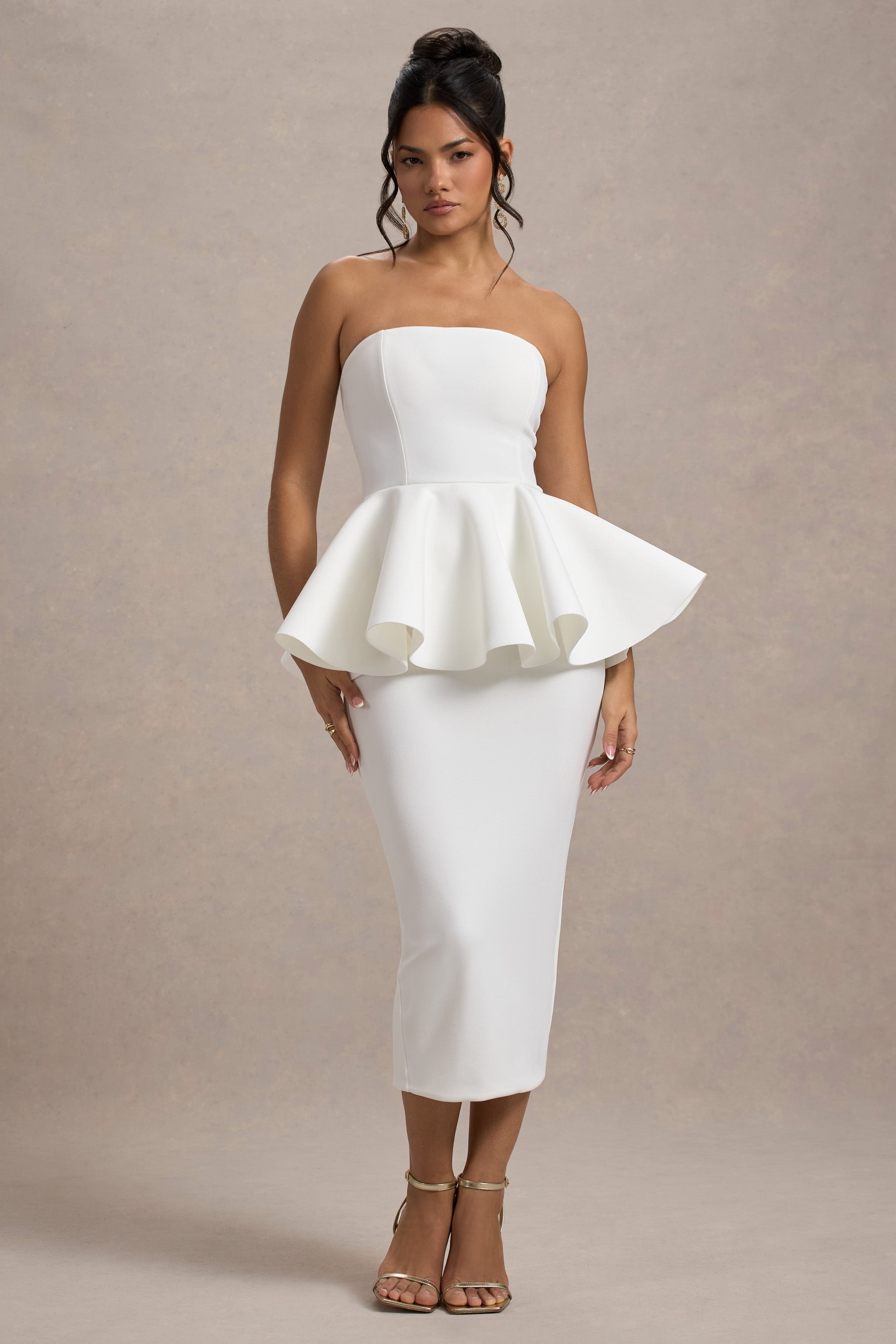 İlk Dans | Beyaz Bandeau Peplum Midi Elbise