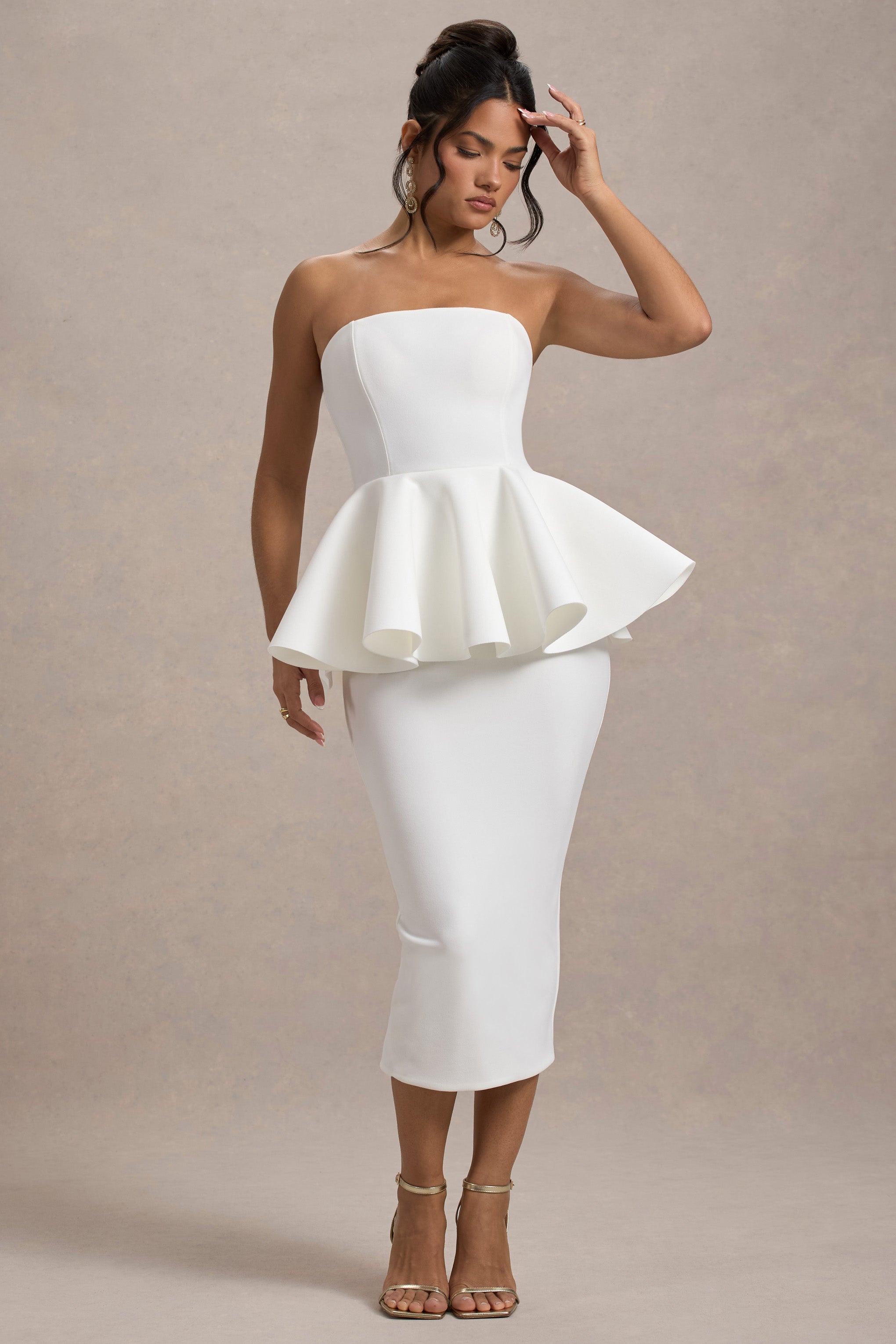 İlk Dans | Beyaz Bandeau Peplum Midi Elbise