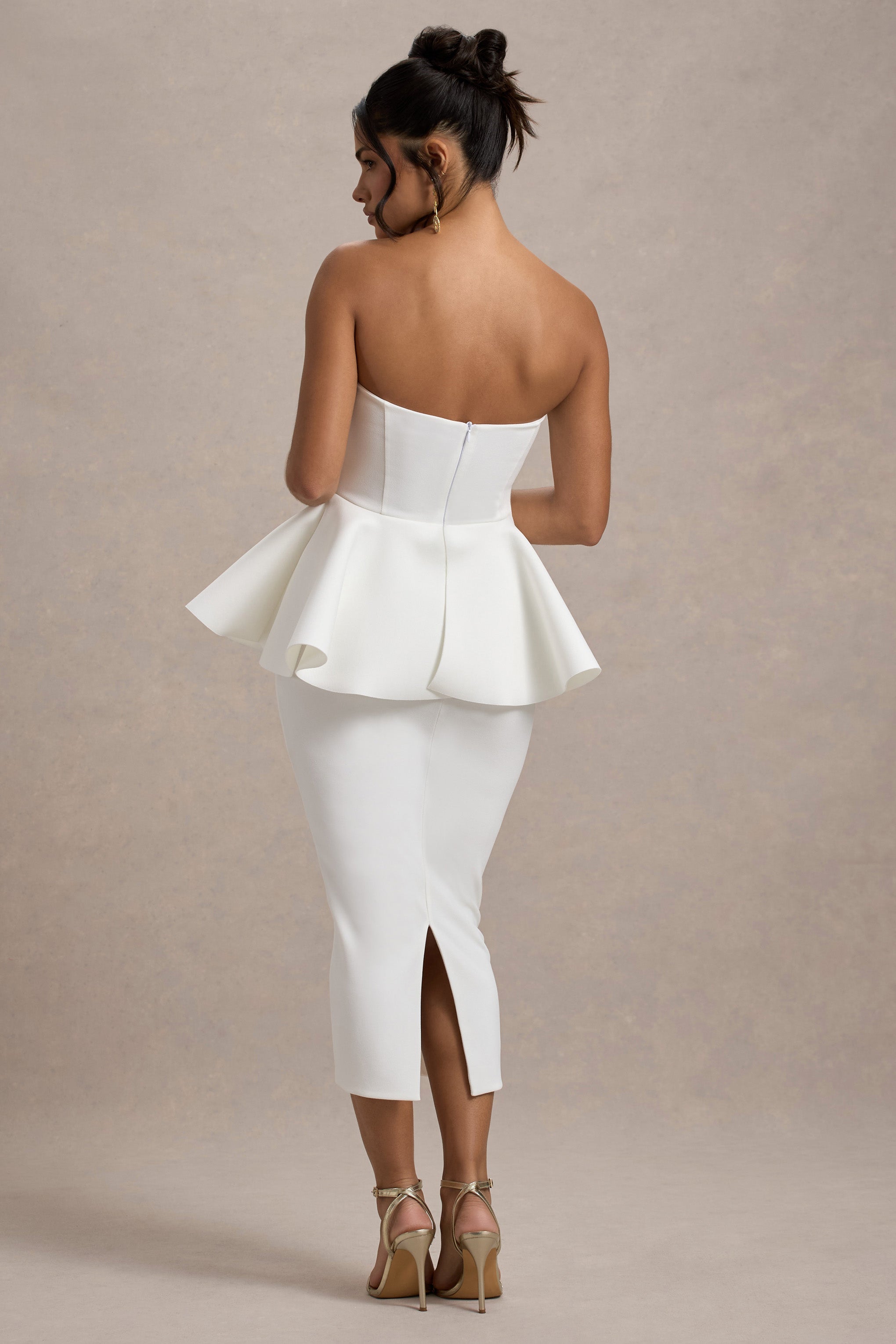 İlk Dans | Beyaz Bandeau Peplum Midi Elbise
