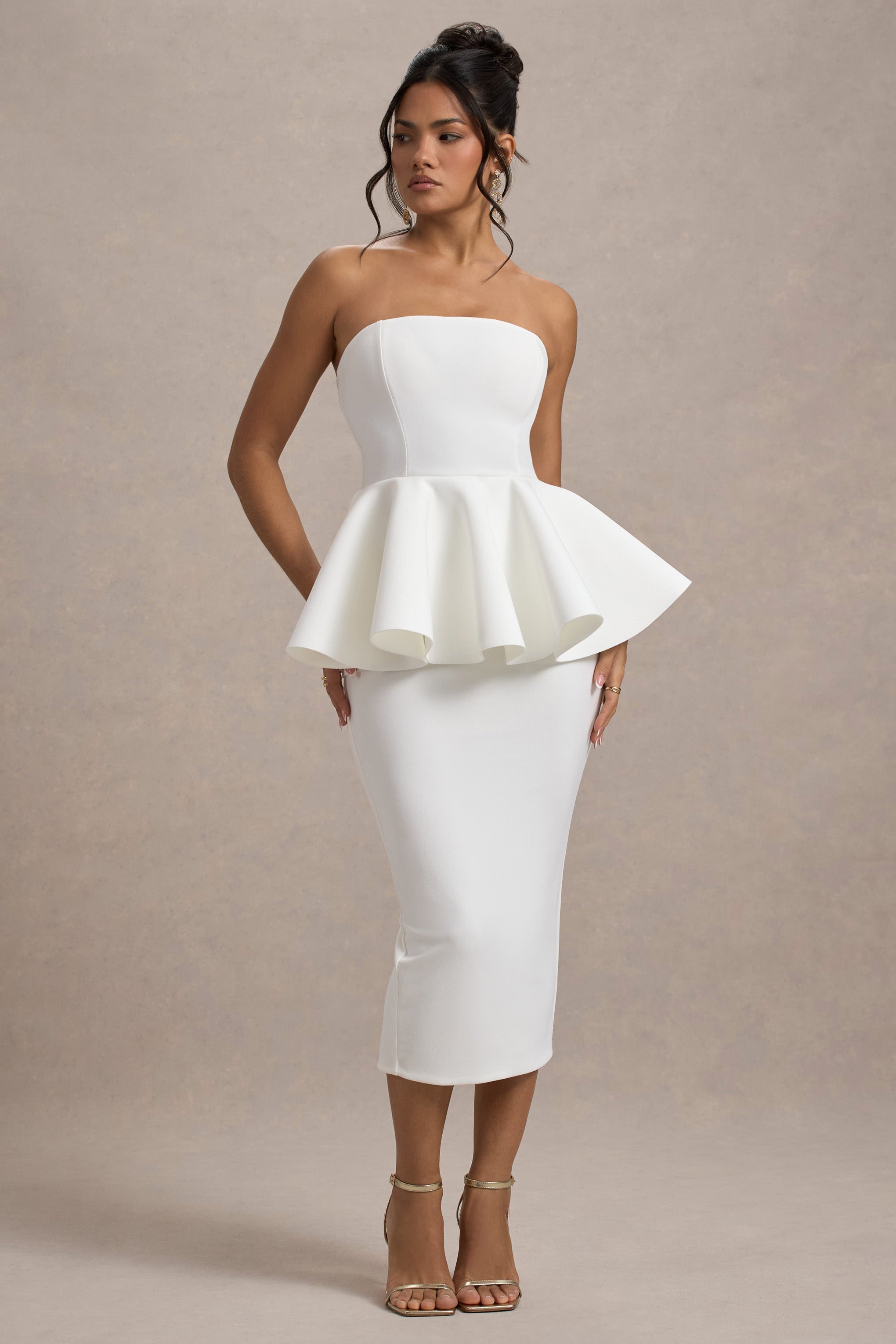 İlk Dans | Beyaz Bandeau Peplum Midi Elbise